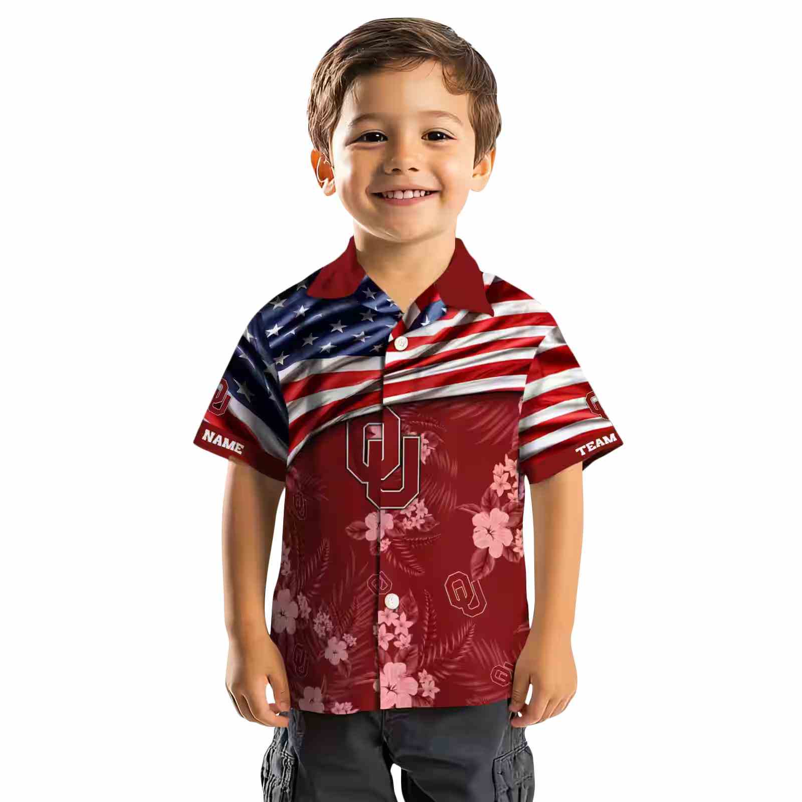 customized oklahoma sooners us flag hibiscus crimson hawaiian shirt top rated