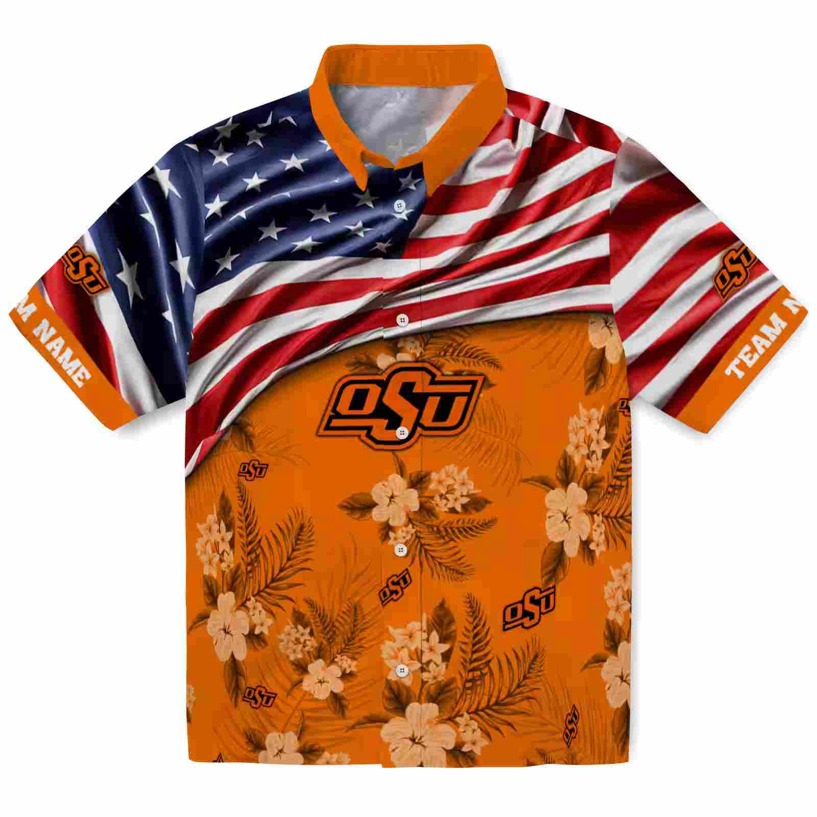 Customized Oklahoma State Cowboys US Flag Hibiscus Orange Hawaiian Shirt