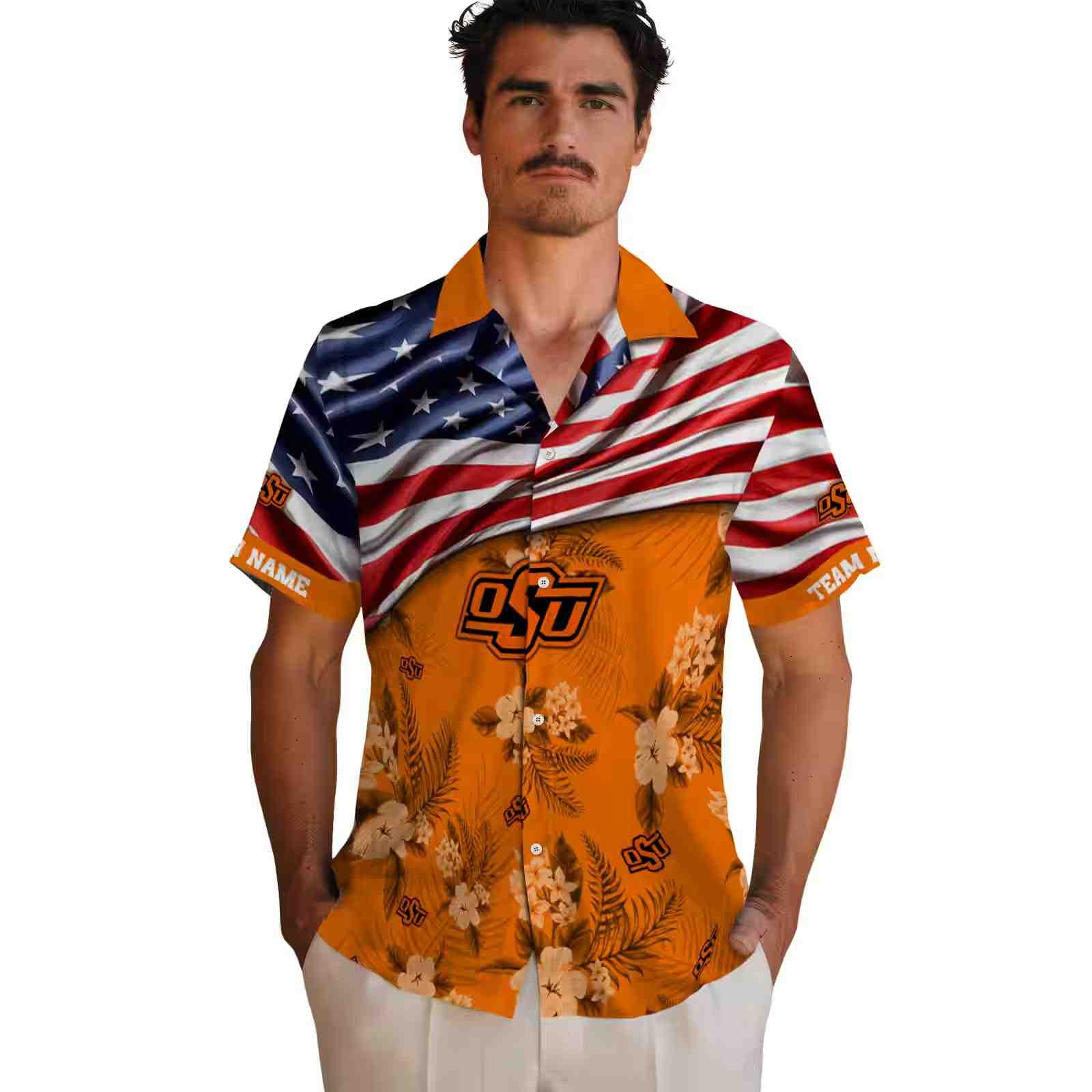 customized oklahoma state cowboys us flag hibiscus orange hawaiian shirt fashion forward