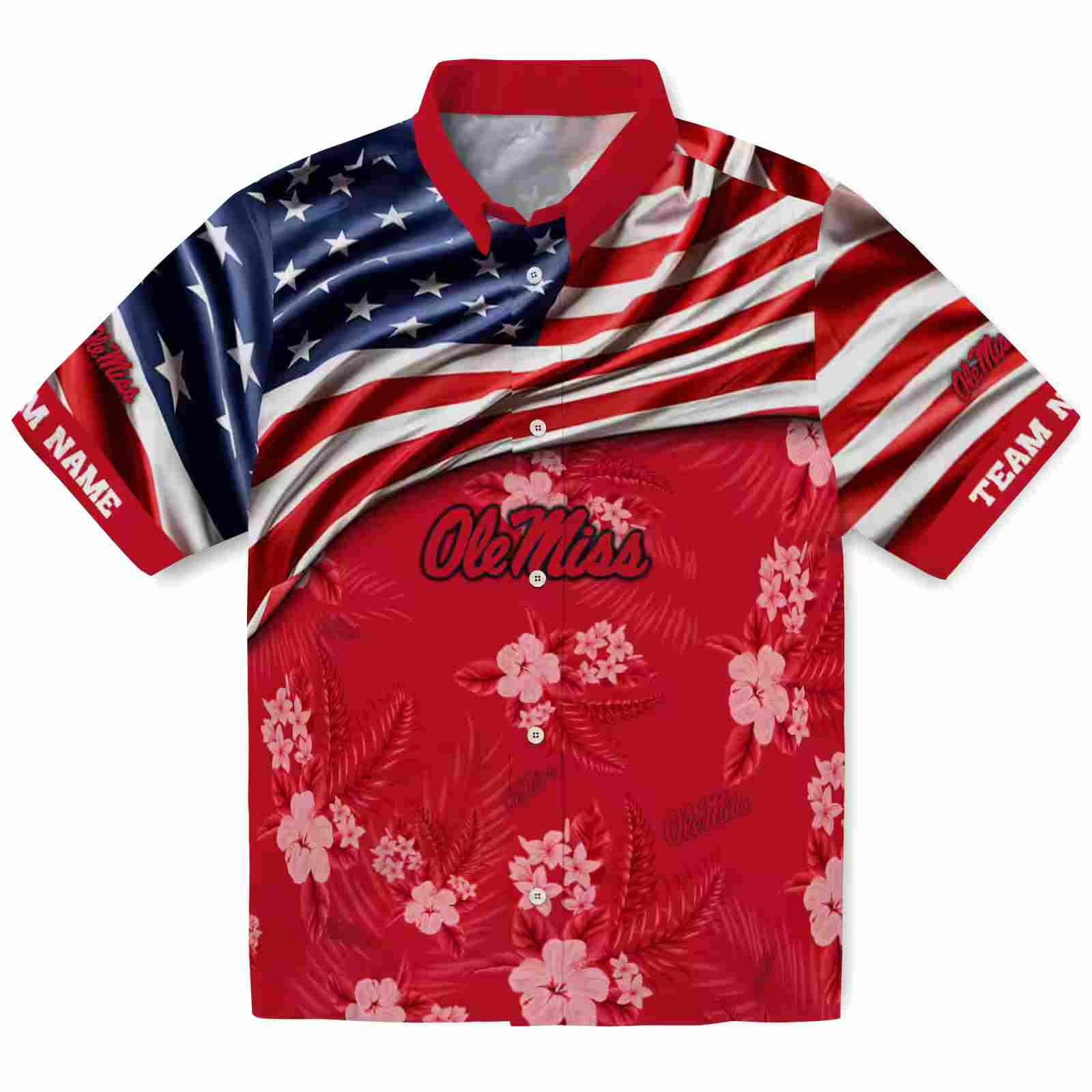 Customized Ole Miss Rebels US Flag Hibiscus Red Hawaiian Shirt