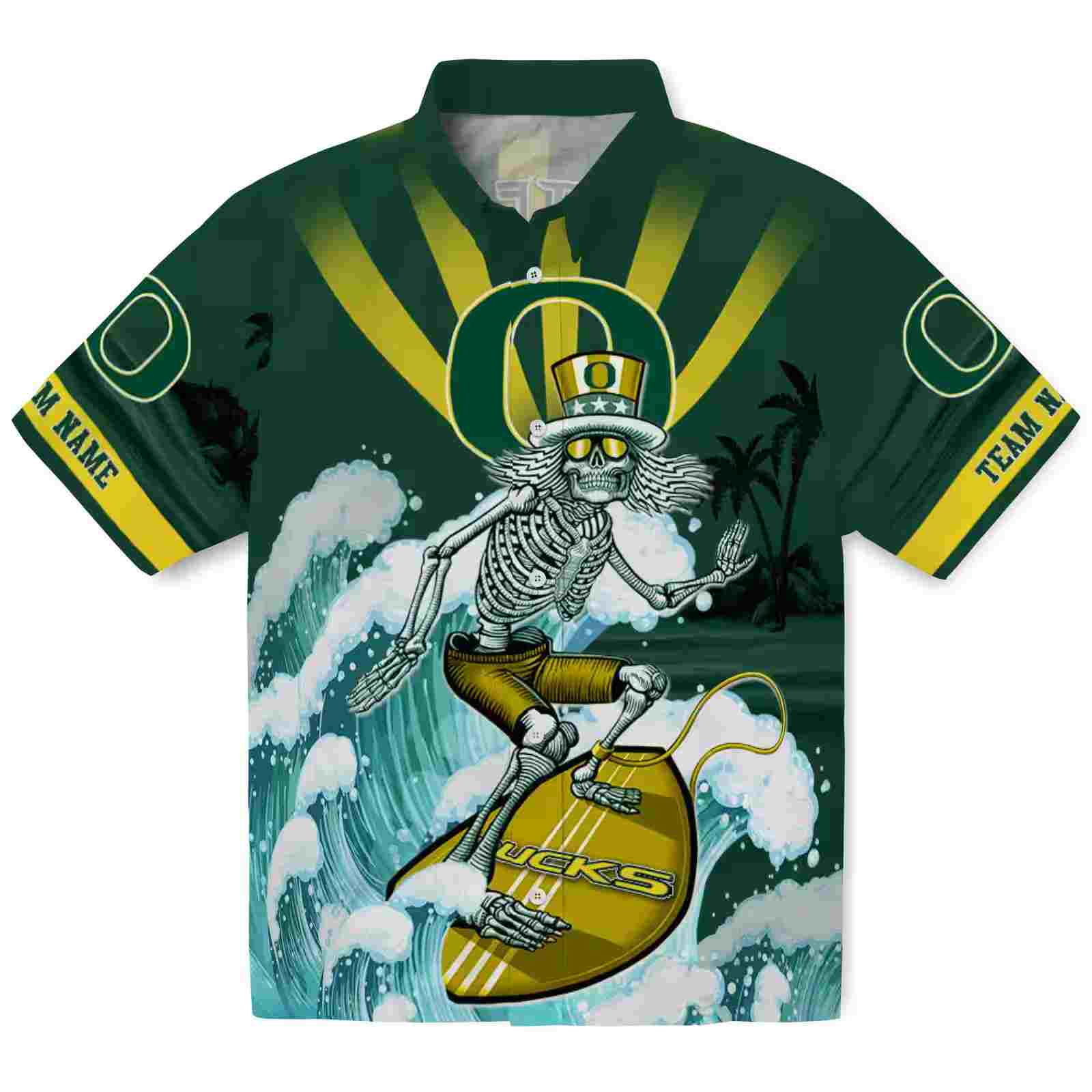 Customized Oregon Ducks Surfing Skeleton Green Blue Hawaiian Shirt