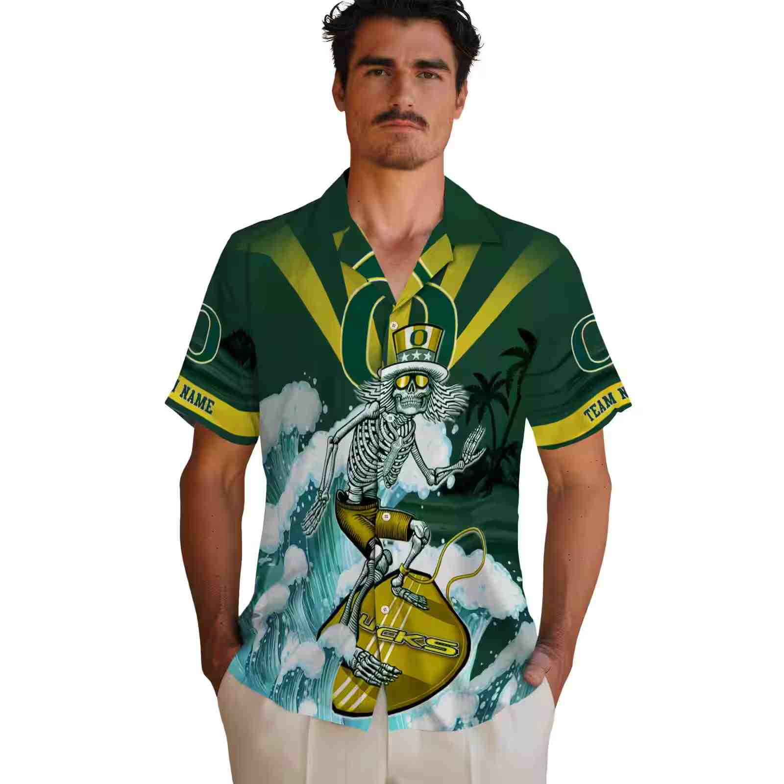 customized oregon ducks surfing skeleton green blue hawaiian shirt fashion forward