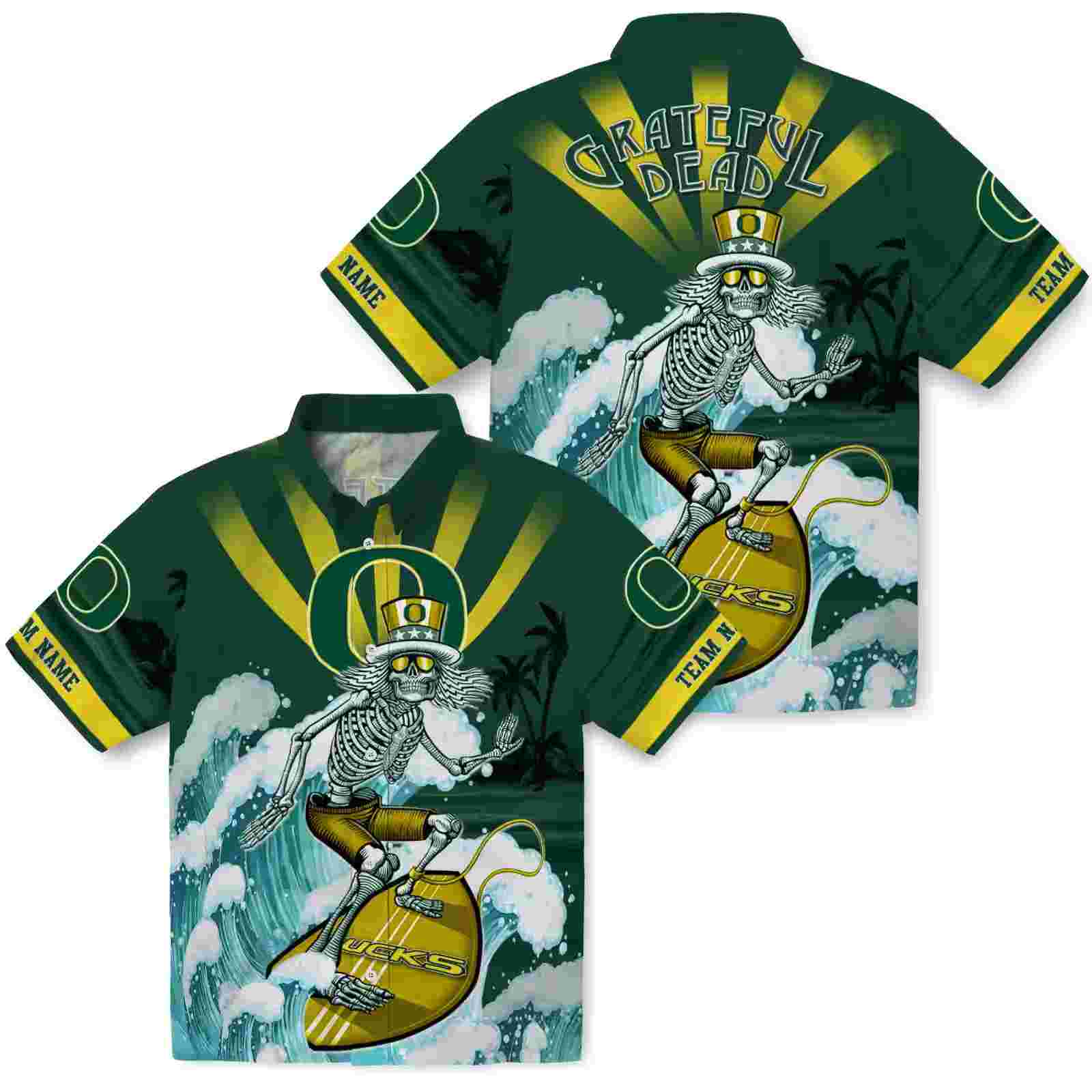 customized oregon ducks surfing skeleton green blue hawaiian shirt high quality