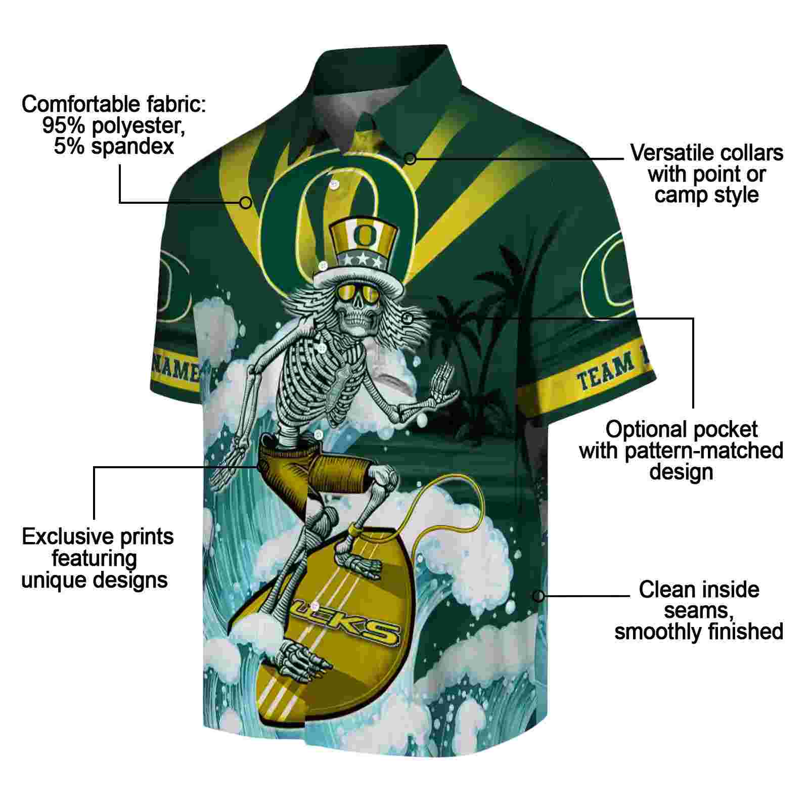 customized oregon ducks surfing skeleton green blue hawaiian shirt new arrival