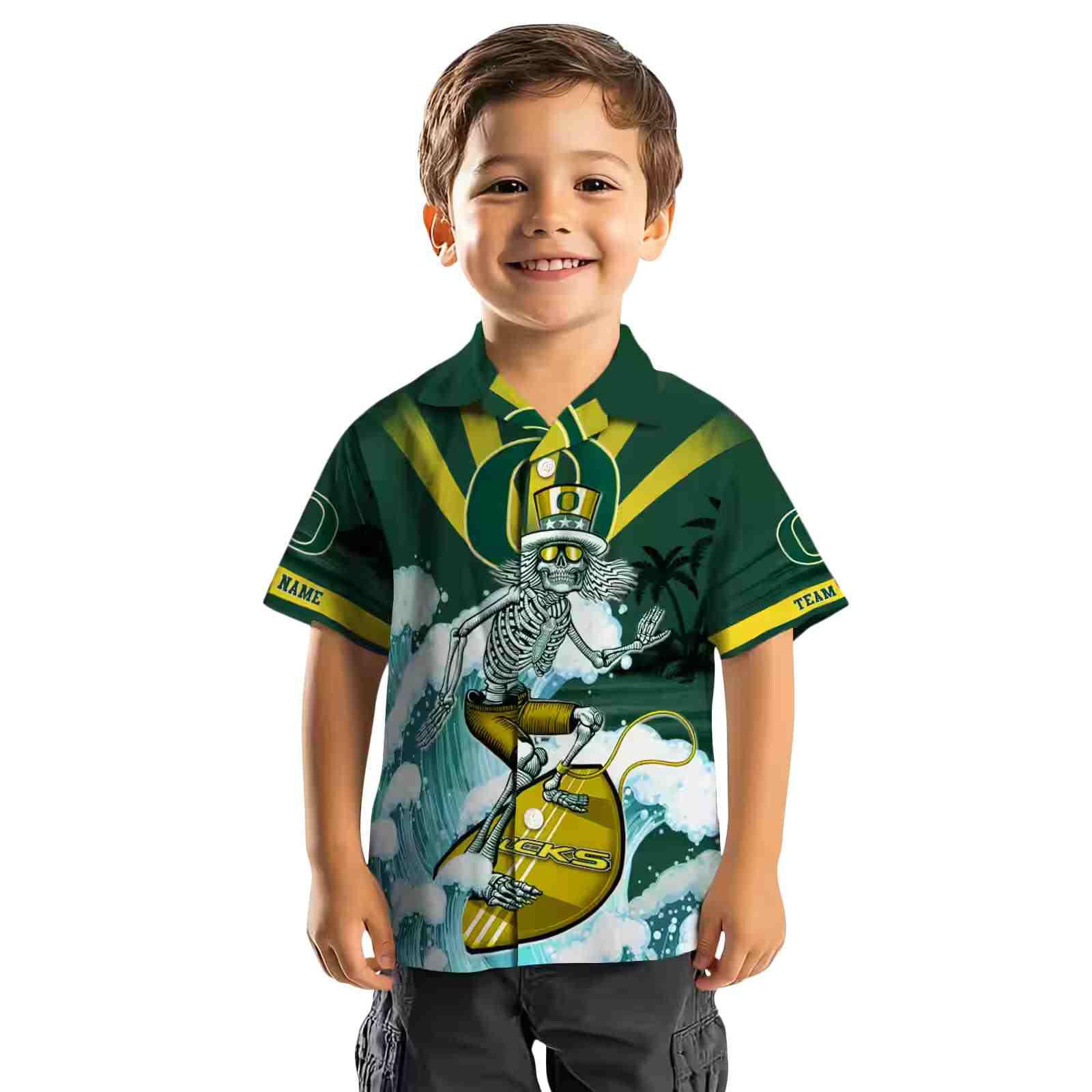 customized oregon ducks surfing skeleton green blue hawaiian shirt top rated