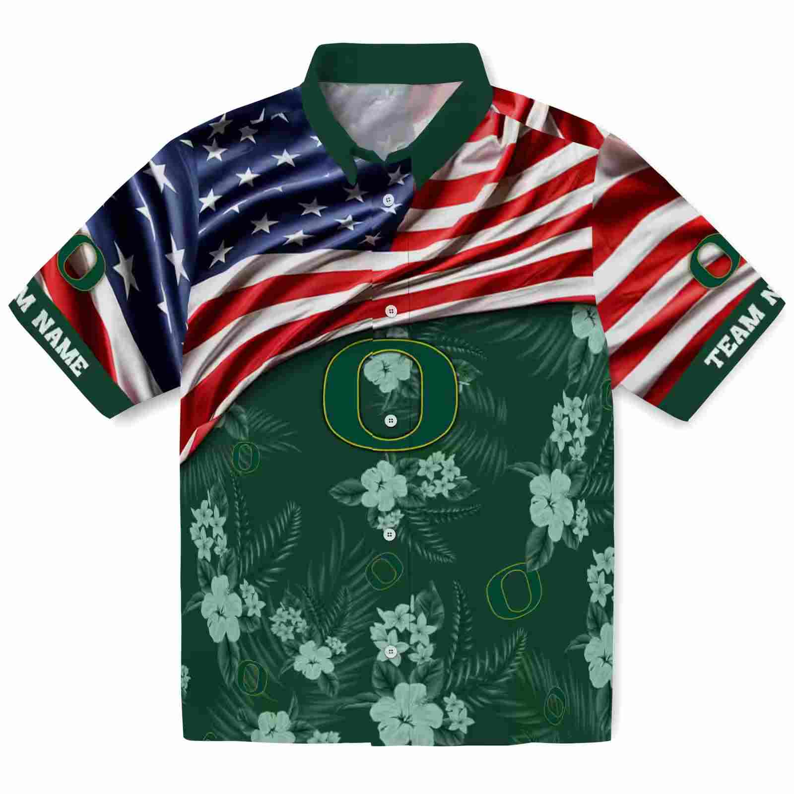 Customized Oregon Ducks US Flag Hibiscus Green Hawaiian Shirt