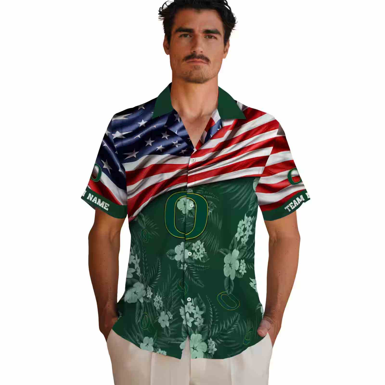 customized oregon ducks us flag hibiscus green hawaiian shirt fashion forward