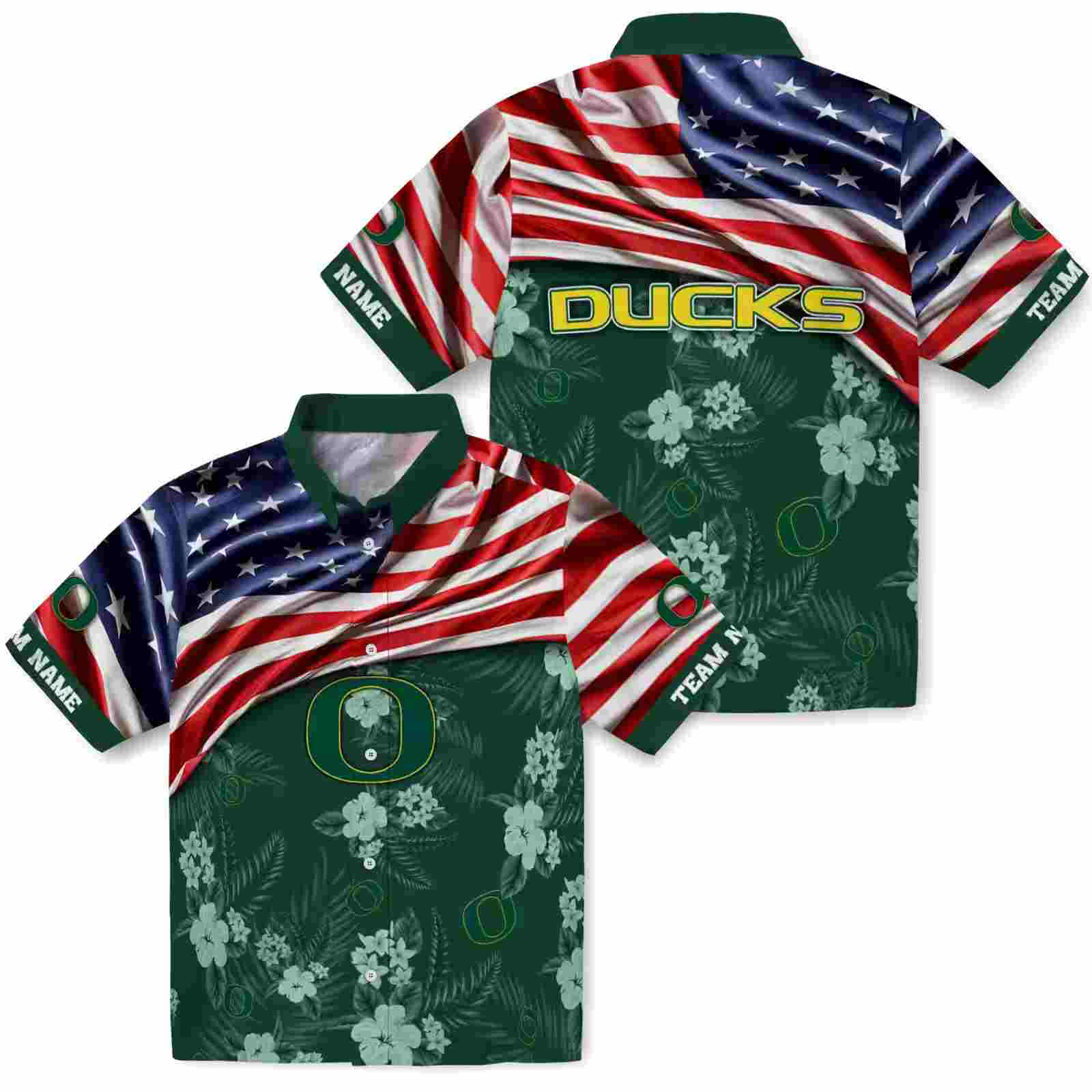 customized oregon ducks us flag hibiscus green hawaiian shirt high quality