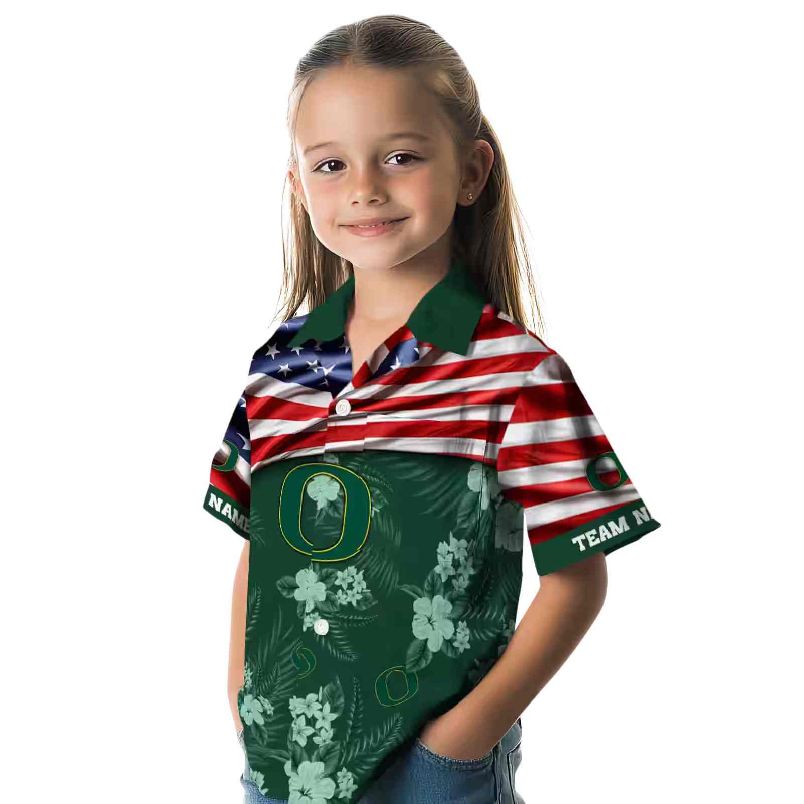 customized oregon ducks us flag hibiscus green hawaiian shirt premium grade