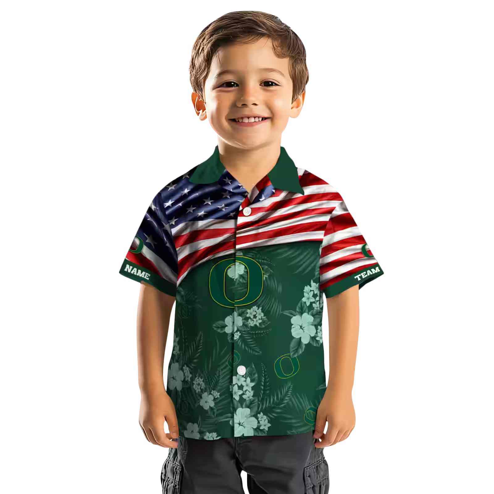 customized oregon ducks us flag hibiscus green hawaiian shirt top rated