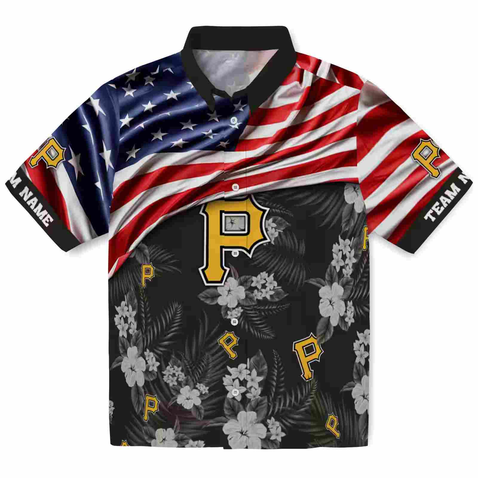 Customized Pittsburgh Pirates US Flag Hibiscus Black Hawaiian Shirt