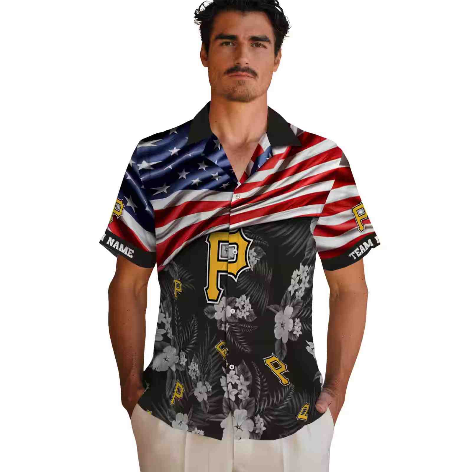 customized pittsburgh pirates us flag hibiscus black hawaiian shirt fashion forward