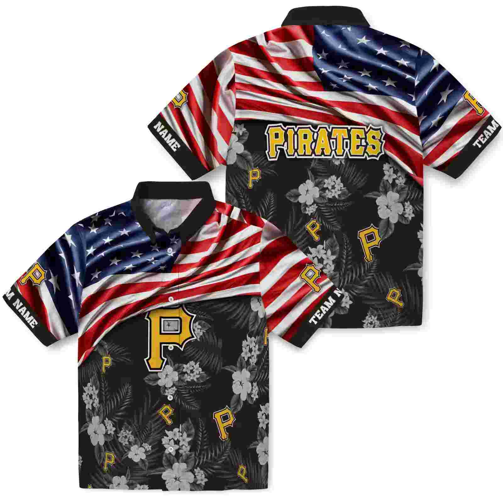 customized pittsburgh pirates us flag hibiscus black hawaiian shirt high quality