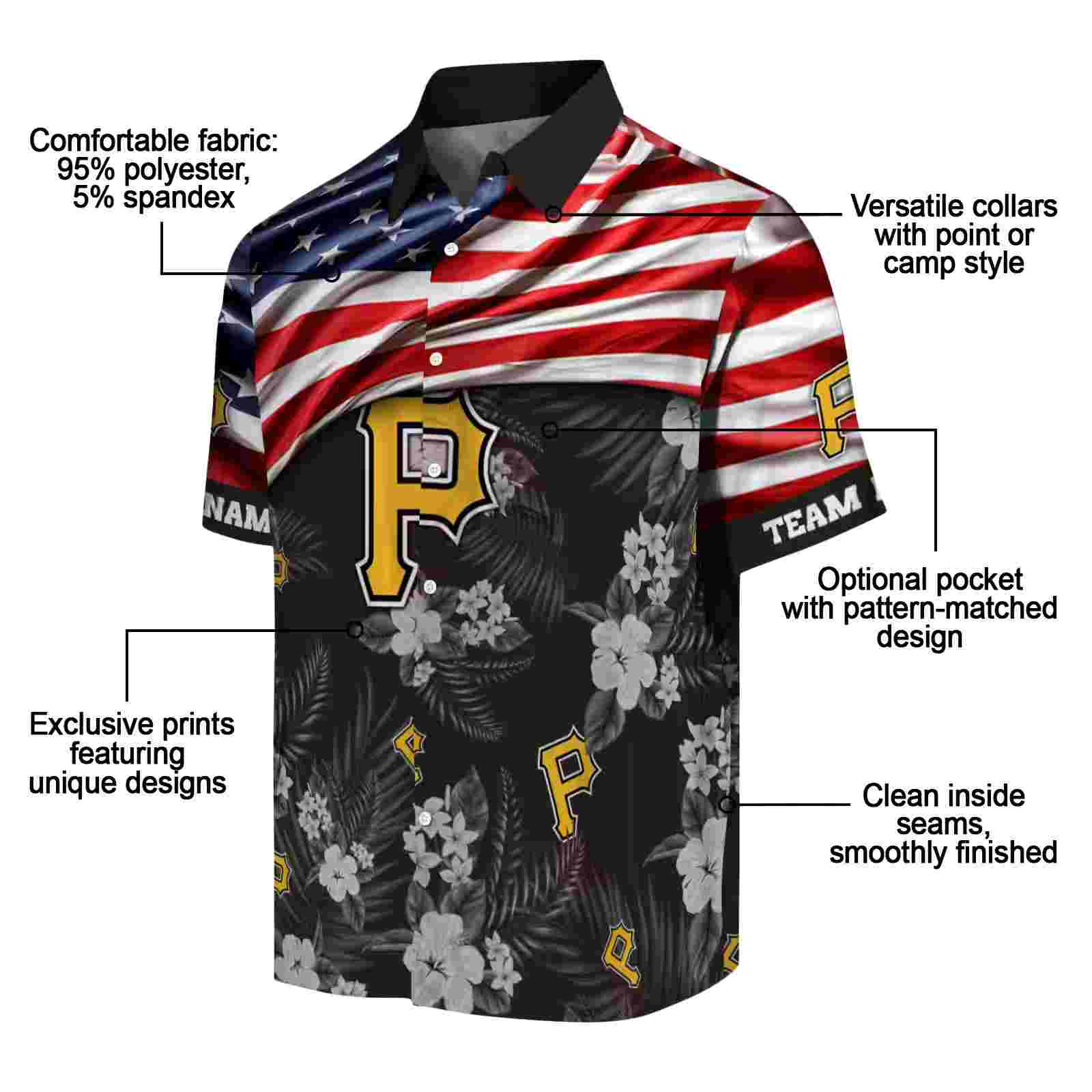 customized pittsburgh pirates us flag hibiscus black hawaiian shirt new arrival