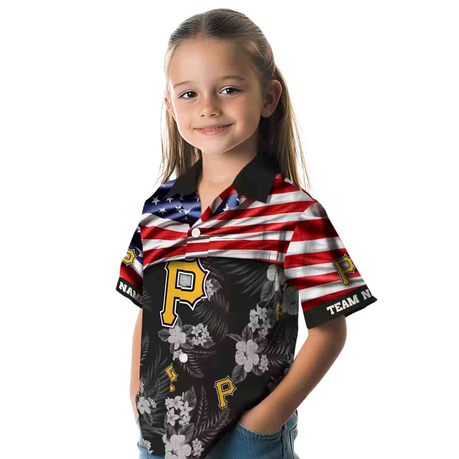 customized pittsburgh pirates us flag hibiscus black hawaiian shirt premium grade