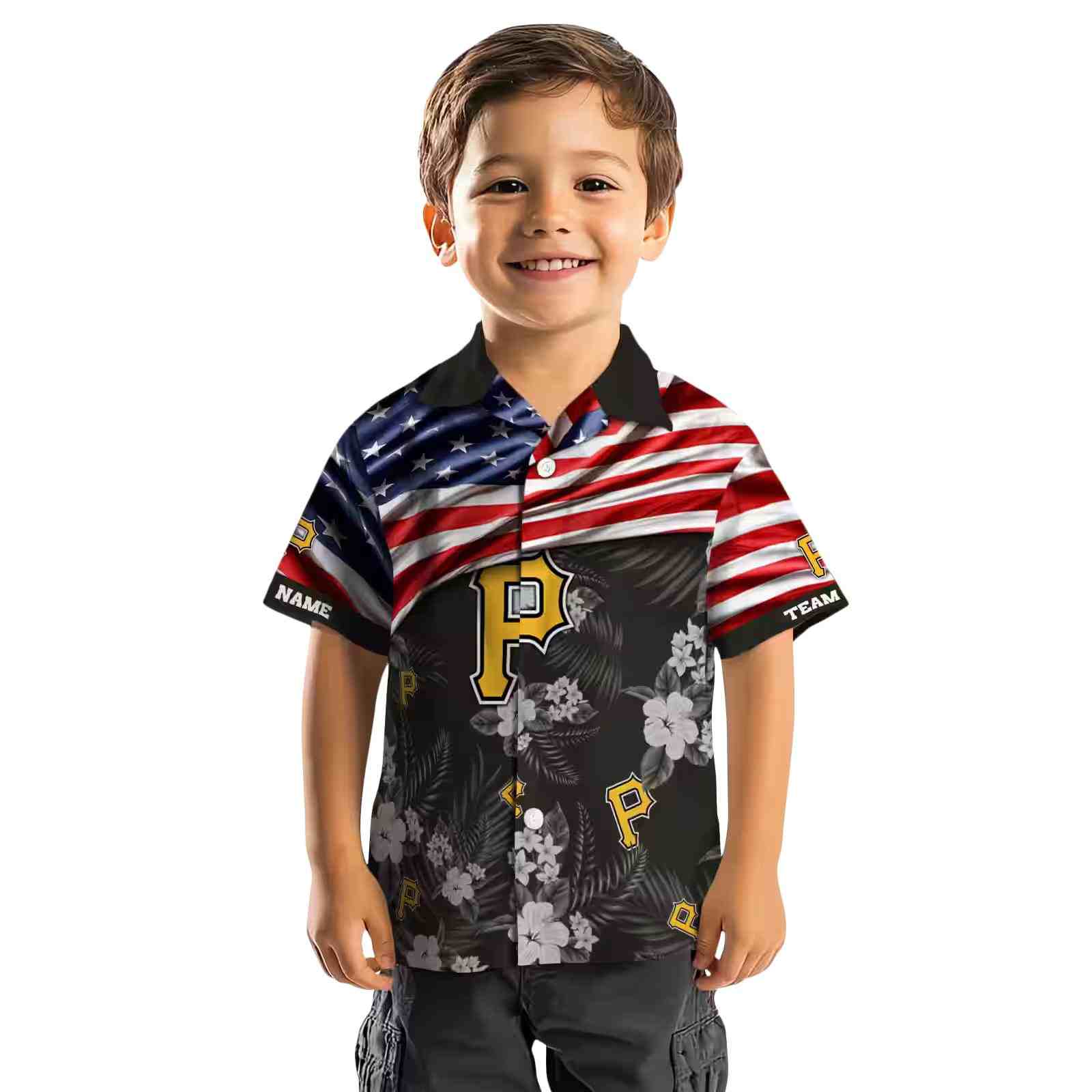 customized pittsburgh pirates us flag hibiscus black hawaiian shirt top rated