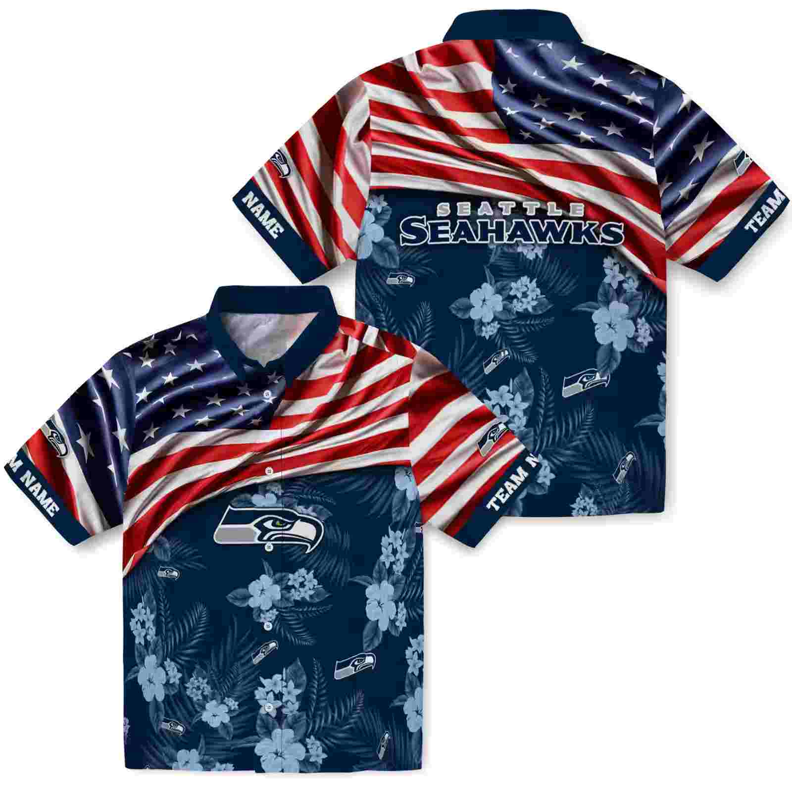 customized seattle seahawks us flag hibiscus blue hawaiian shirt high quality