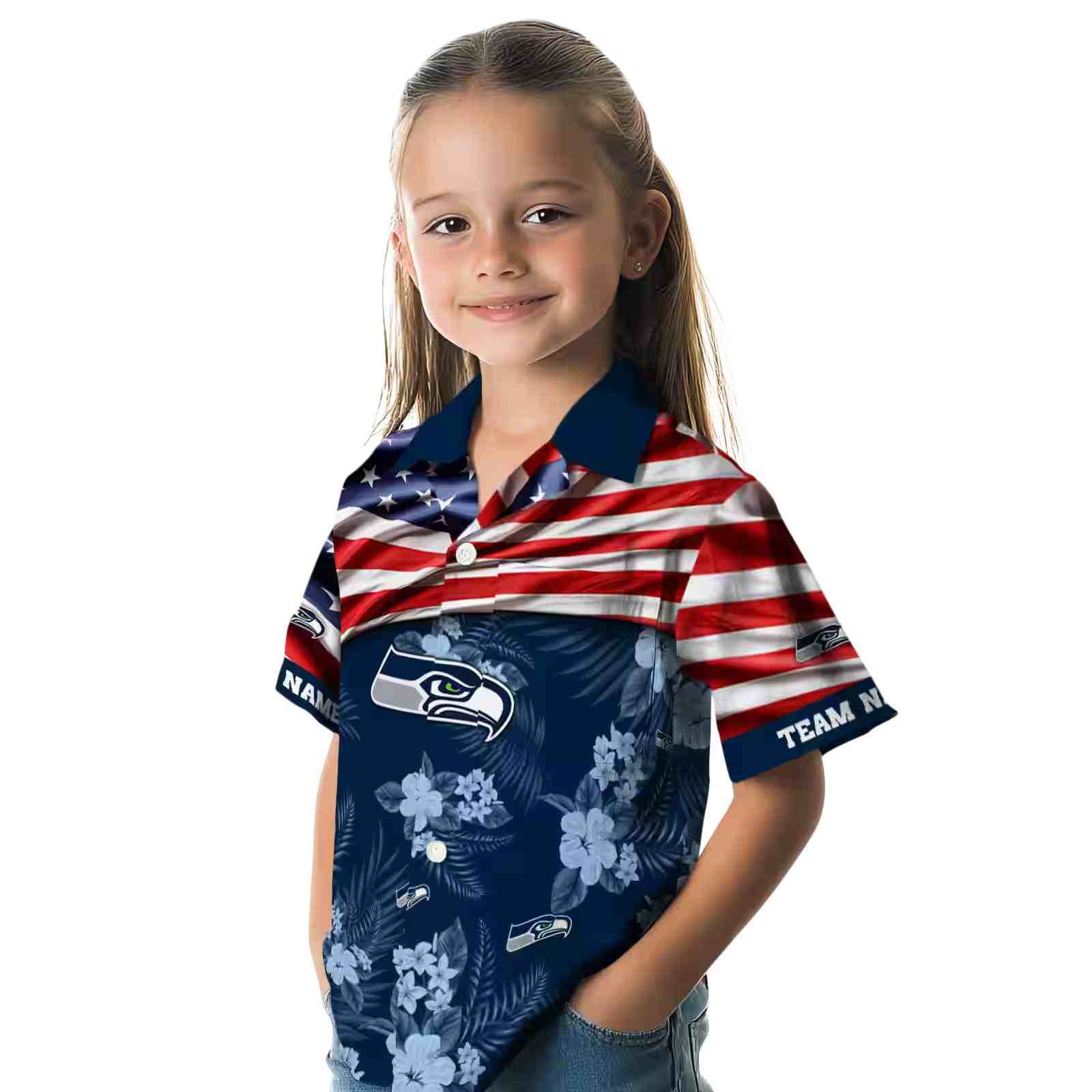 customized seattle seahawks us flag hibiscus blue hawaiian shirt premium grade