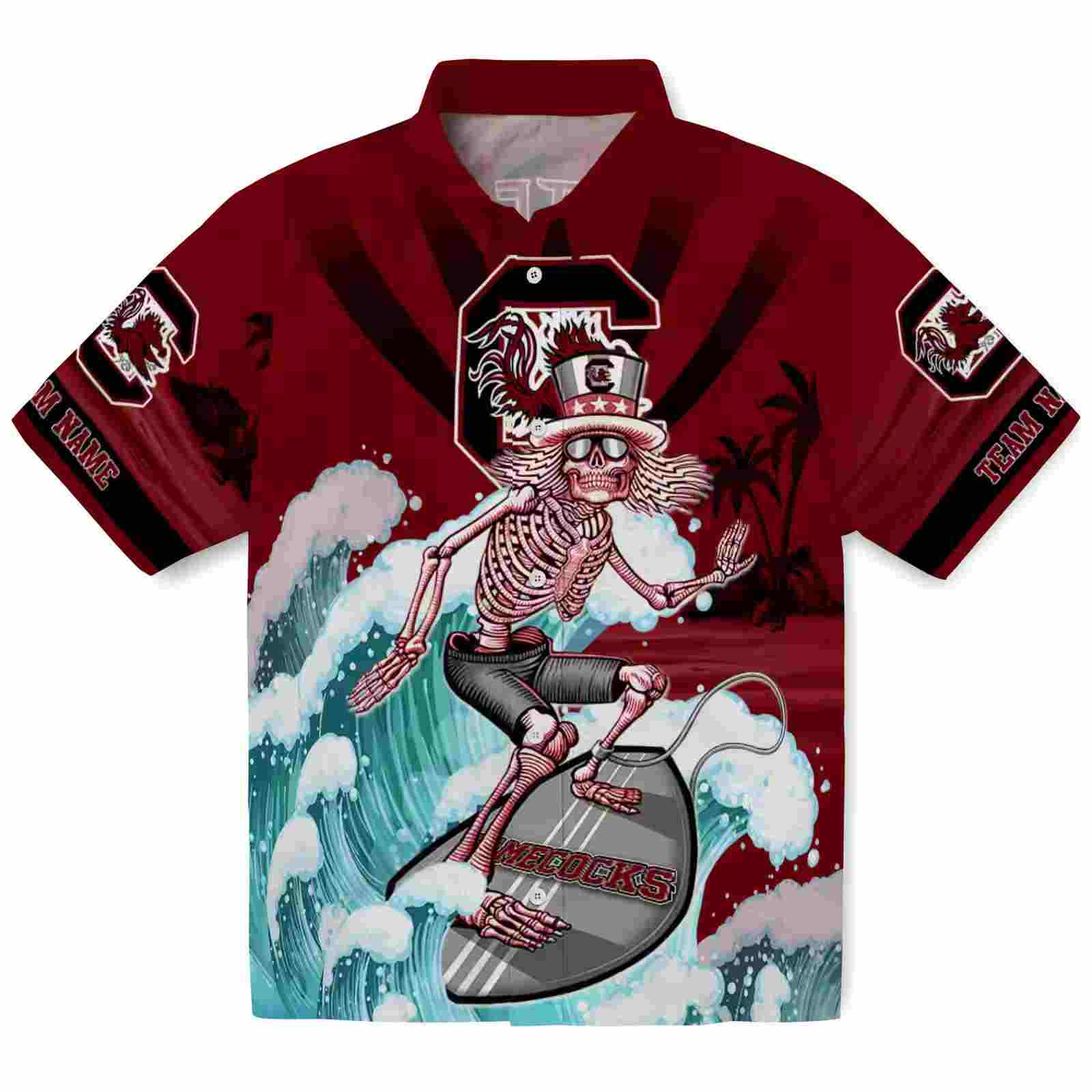 Customized South Carolina Gamecocks Surfing Skeleton Garnet Blue Hawaiian Shirt