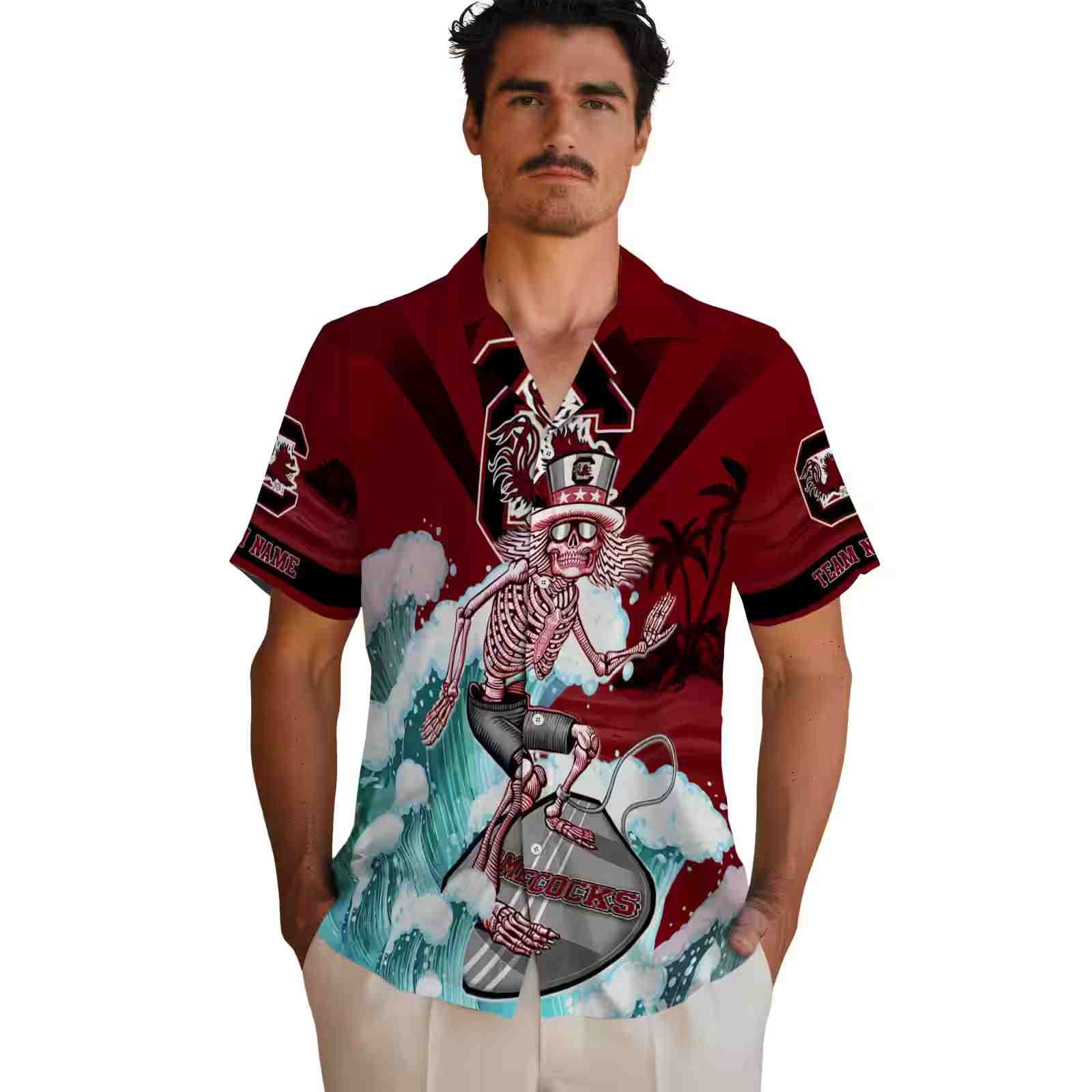 customized south carolina gamecocks surfing skeleton garnet blue hawaiian shirt fashion forward