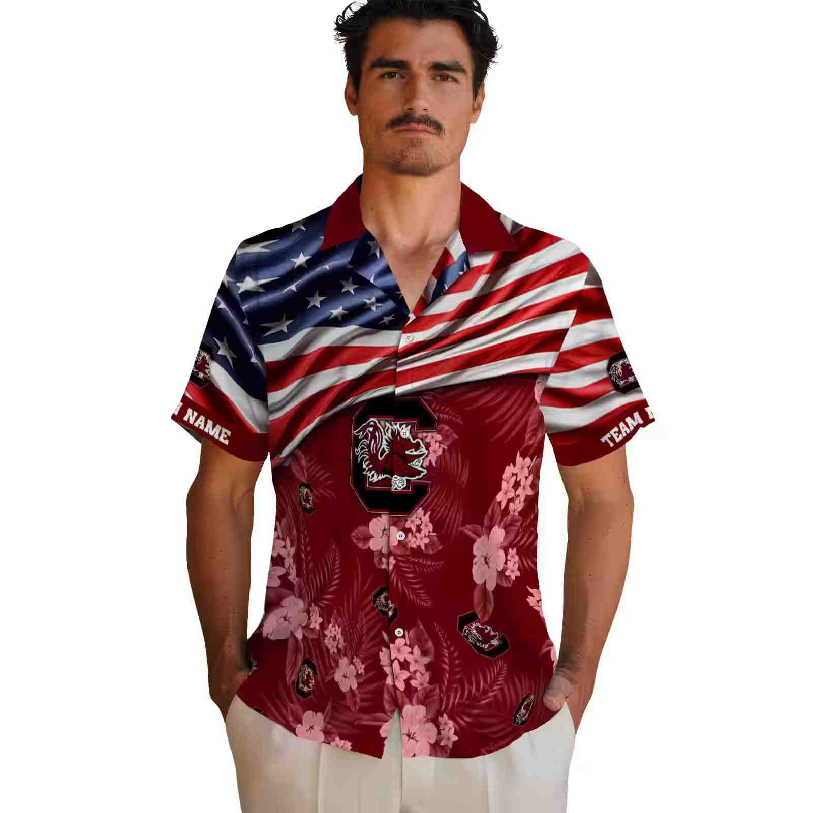 customized south carolina gamecocks us flag hibiscus garnet hawaiian shirt fashion forward