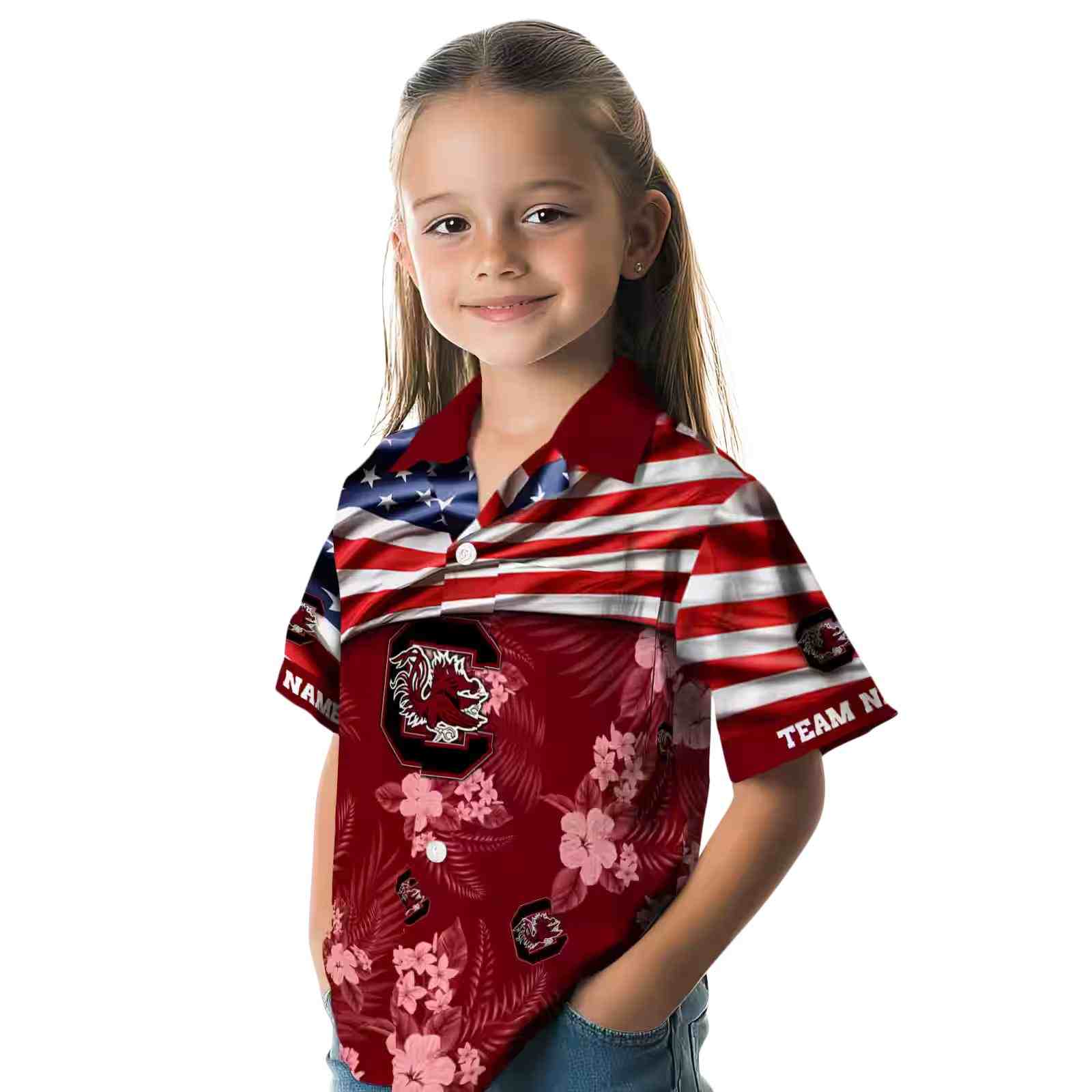 customized south carolina gamecocks us flag hibiscus garnet hawaiian shirt premium grade