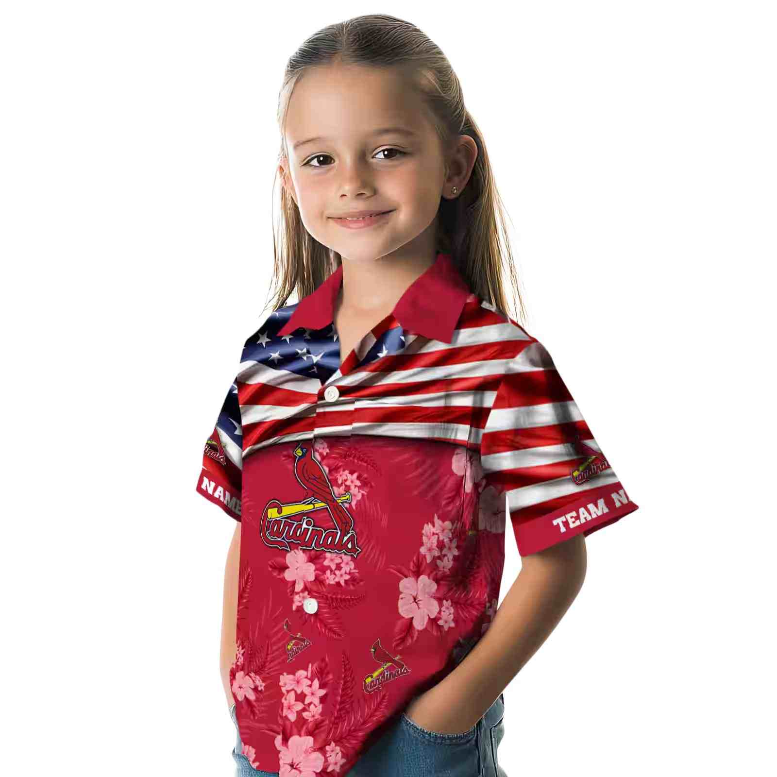 customized st louis cardinals us flag hibiscus red hawaiian shirt premium grade