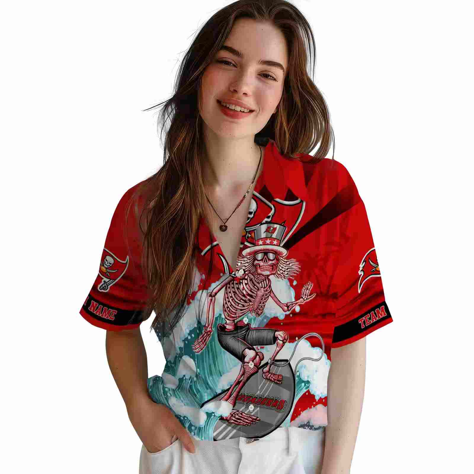 customized tampa bay buccaneers surfing skeleton red blue hawaiian shirt latest model