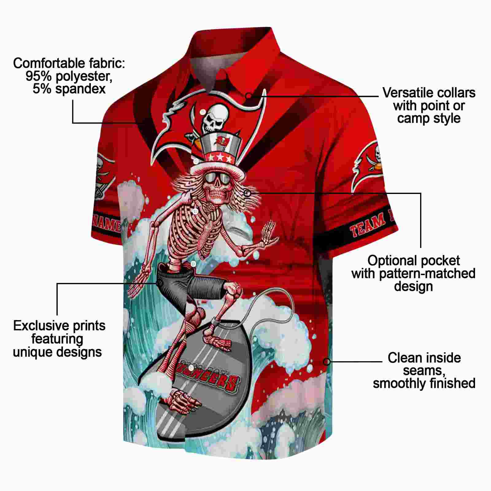 customized tampa bay buccaneers surfing skeleton red blue hawaiian shirt new arrival