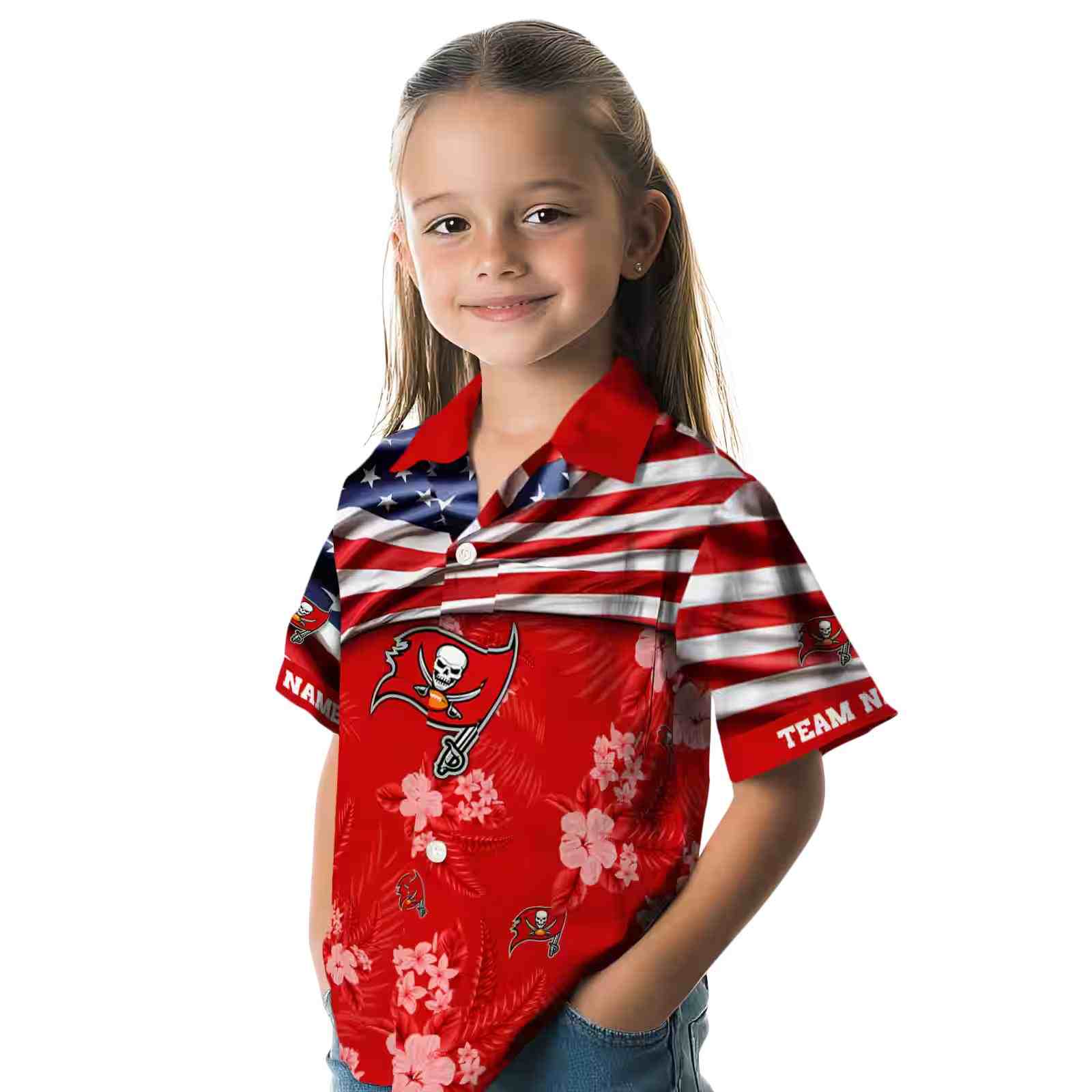 customized tampa bay buccaneers us flag hibiscus red hawaiian shirt premium grade