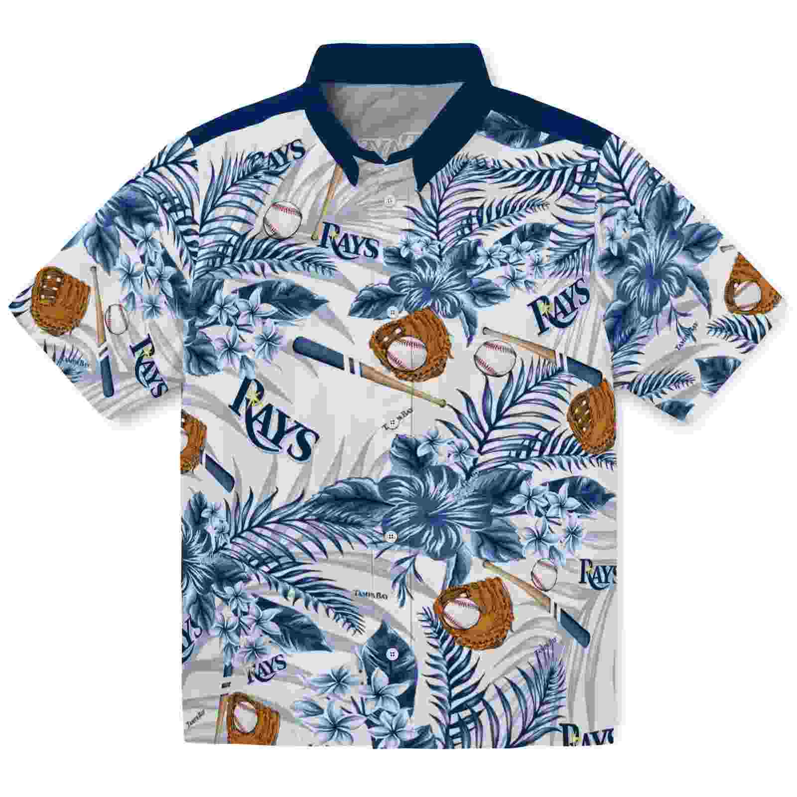 Customized Tampa Bay Rays Floral Baseball Navy White Hawaiian Shirt