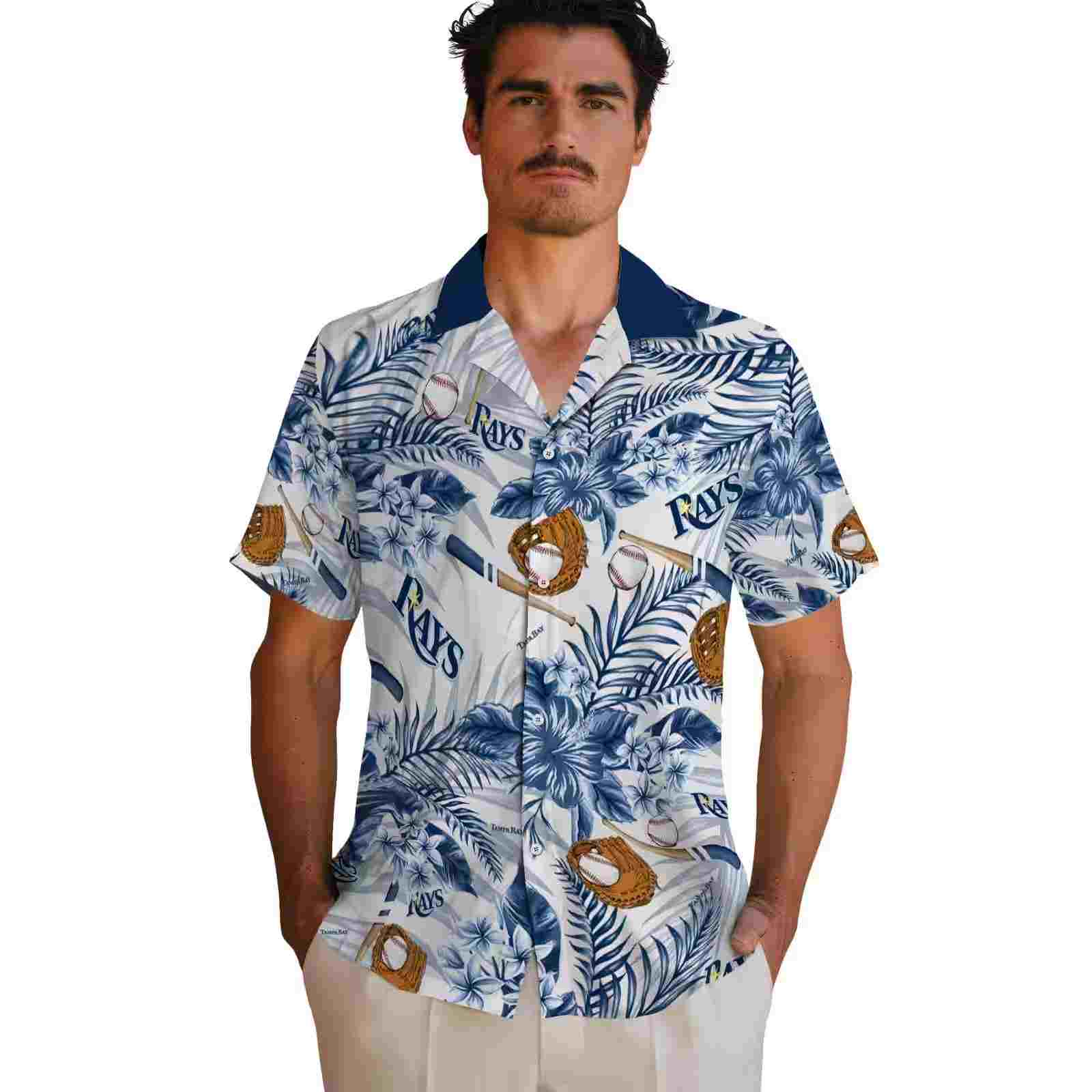 customized tampa bay rays floral baseball navy white hawaiian shirt fashion forward