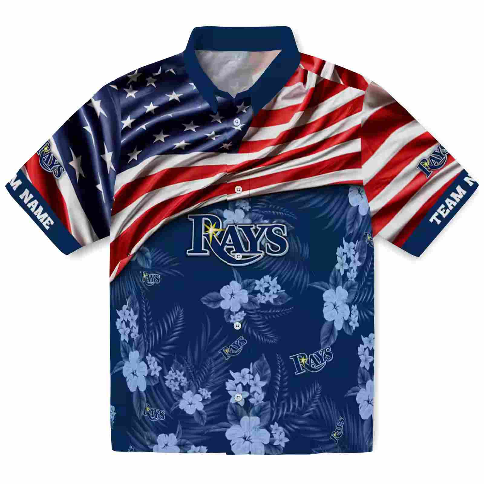 Customized Tampa Bay Rays US Flag Hibiscus Navy Hawaiian Shirt