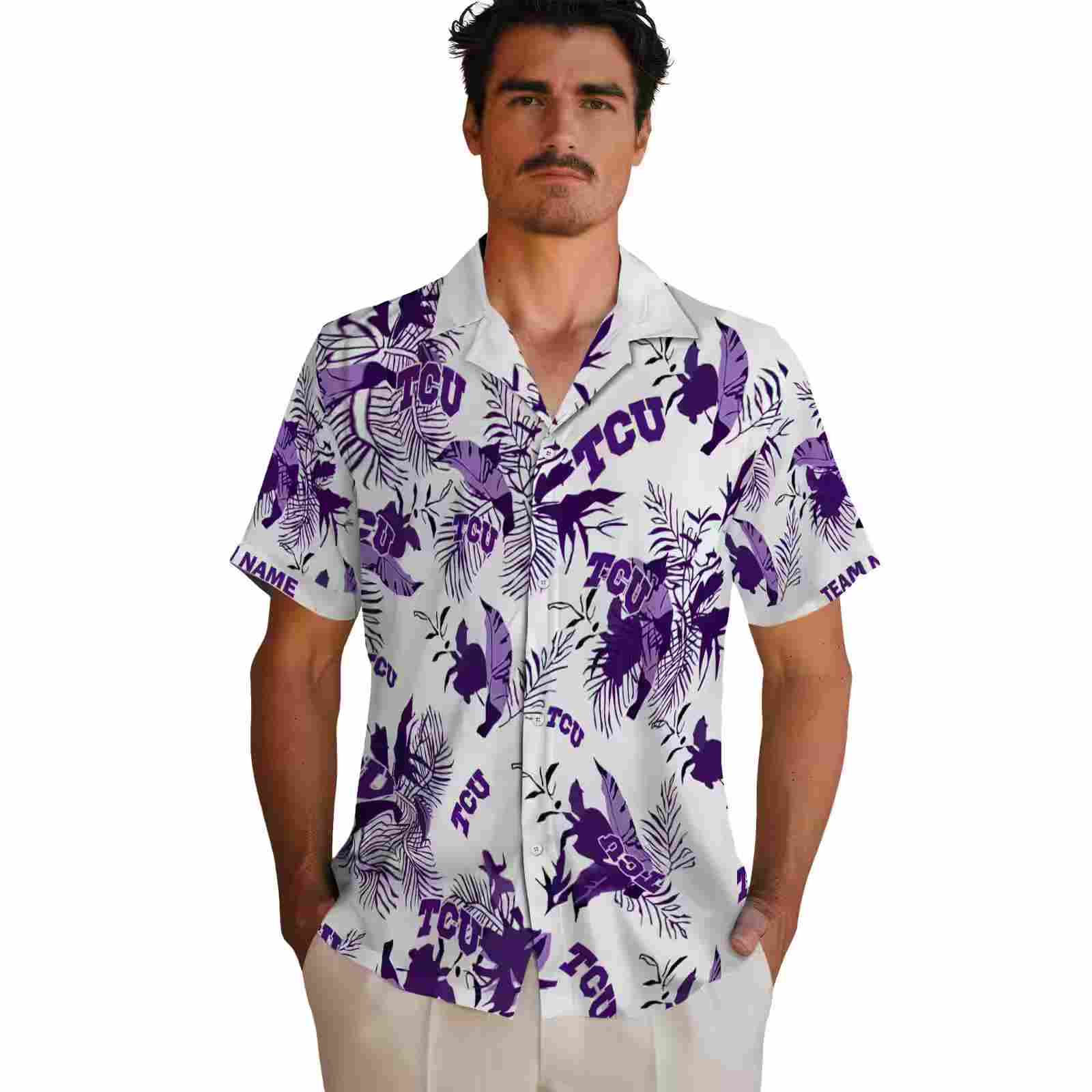 customized tcu horned frogs botanical theme purple white hawaiian shirt fashion forward