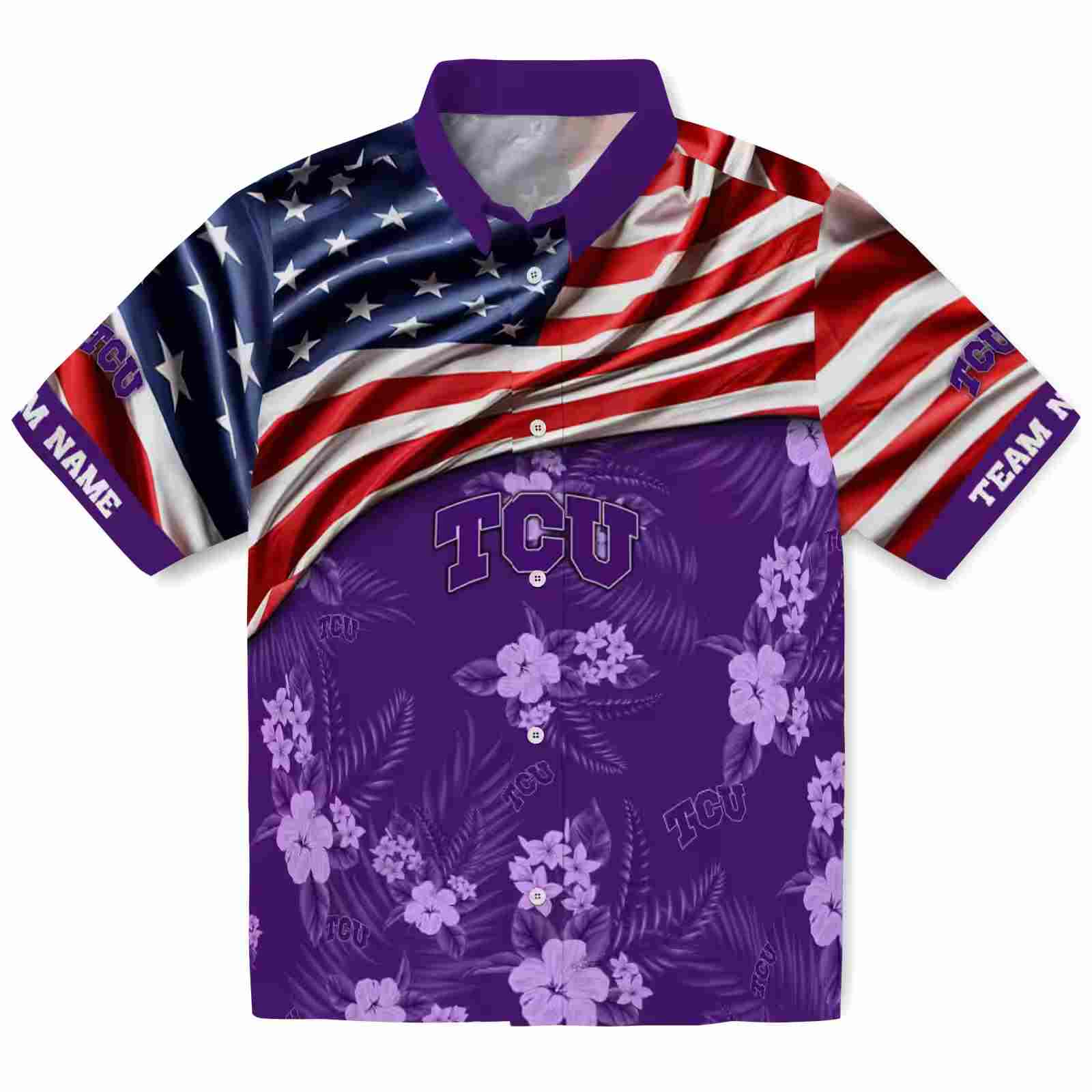 Customized TCU Horned Frogs US Flag Hibiscus Purple Hawaiian Shirt