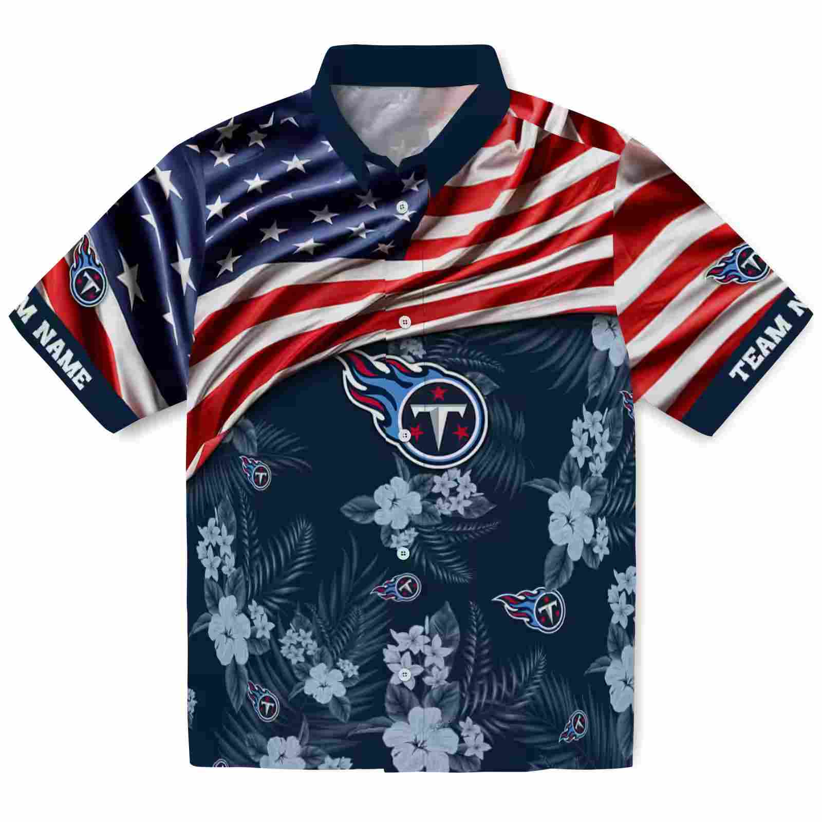 Customized Tennessee Titans US Flag Hibiscus Navy Hawaiian Shirt