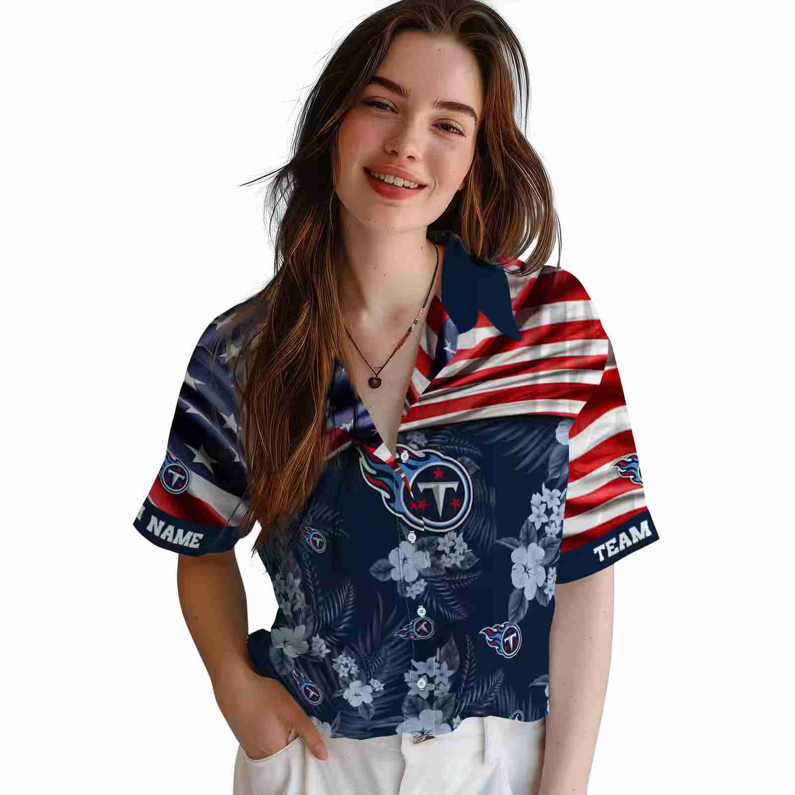 customized tennessee titans us flag hibiscus navy hawaiian shirt latest model