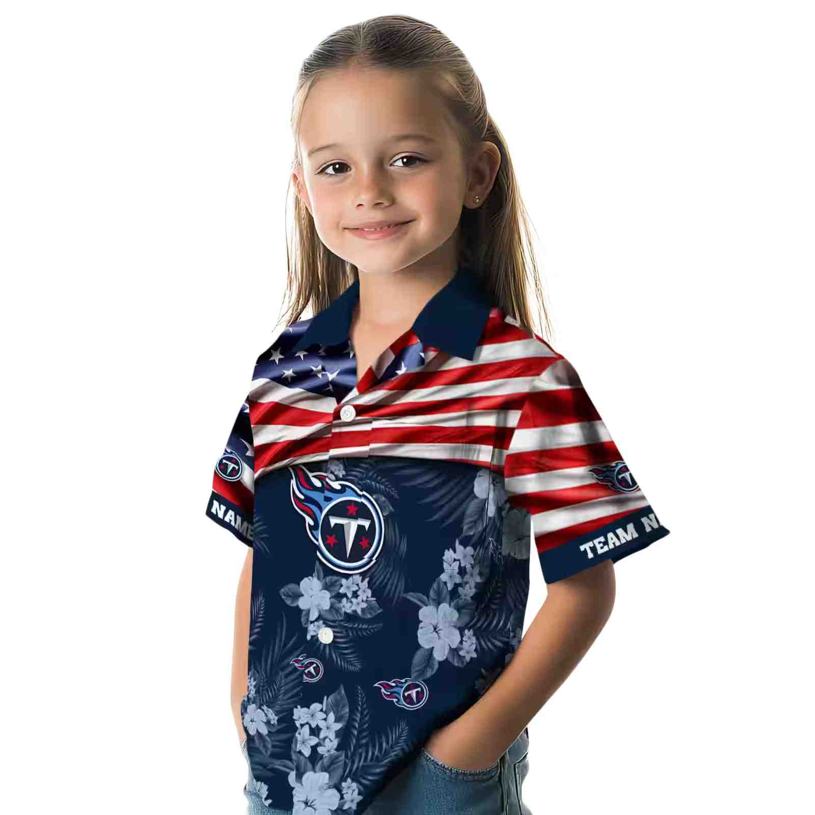 customized tennessee titans us flag hibiscus navy hawaiian shirt premium grade