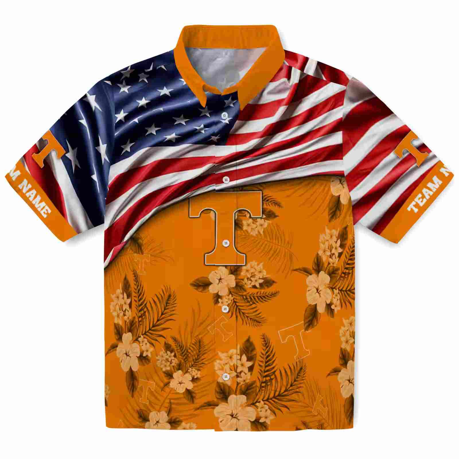 Customized Tennessee Volunteers US Flag Hibiscus Orange Hawaiian Shirt