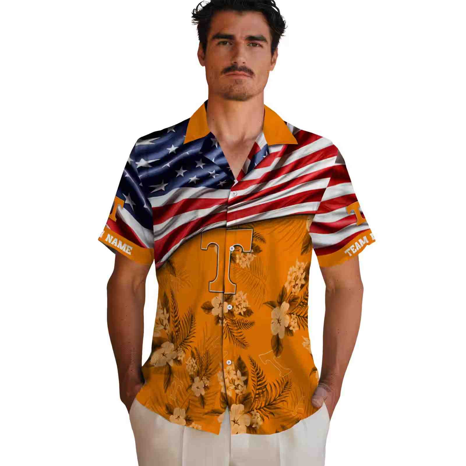 customized tennessee volunteers us flag hibiscus orange hawaiian shirt fashion forward