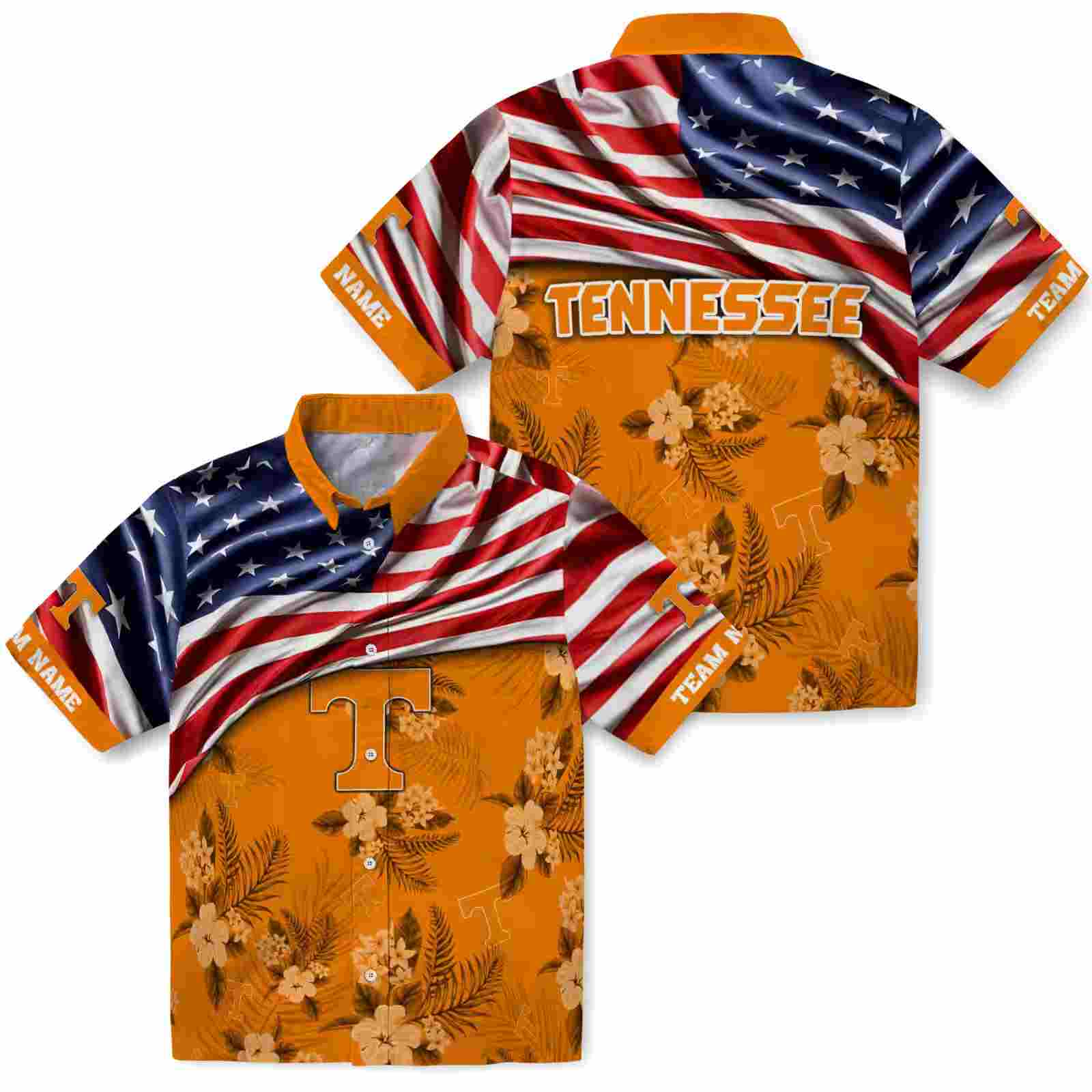 customized tennessee volunteers us flag hibiscus orange hawaiian shirt high quality