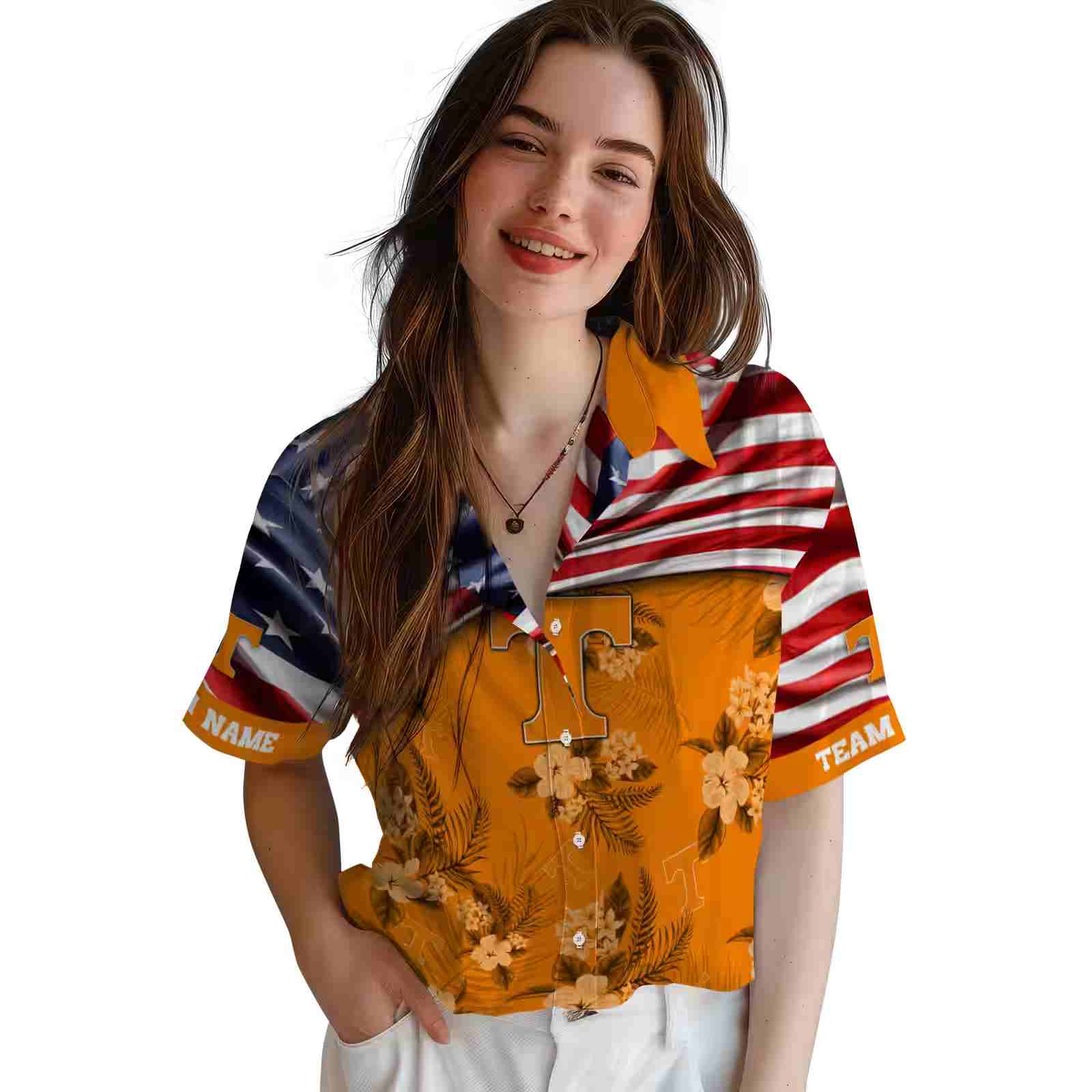 customized tennessee volunteers us flag hibiscus orange hawaiian shirt latest model