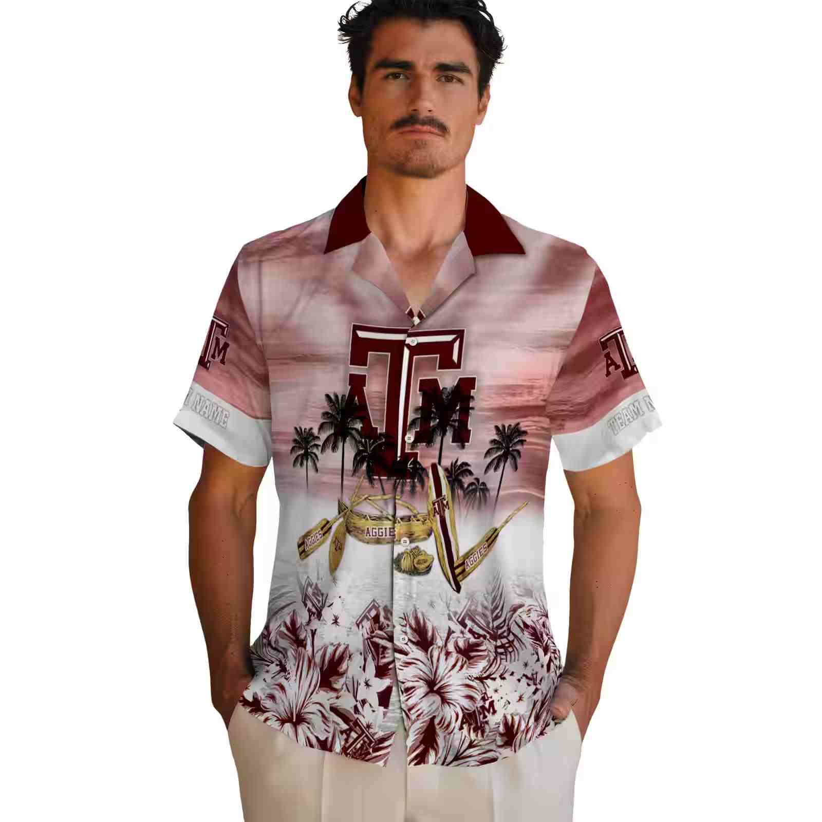 customized texas am aggies tropical canoe maroon hawaiian shirt fashion forward