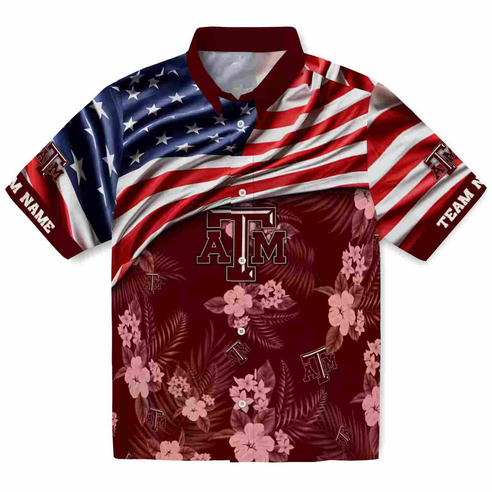 Customized Texas A&M Aggies US Flag Hibiscus Maroon Hawaiian Shirt