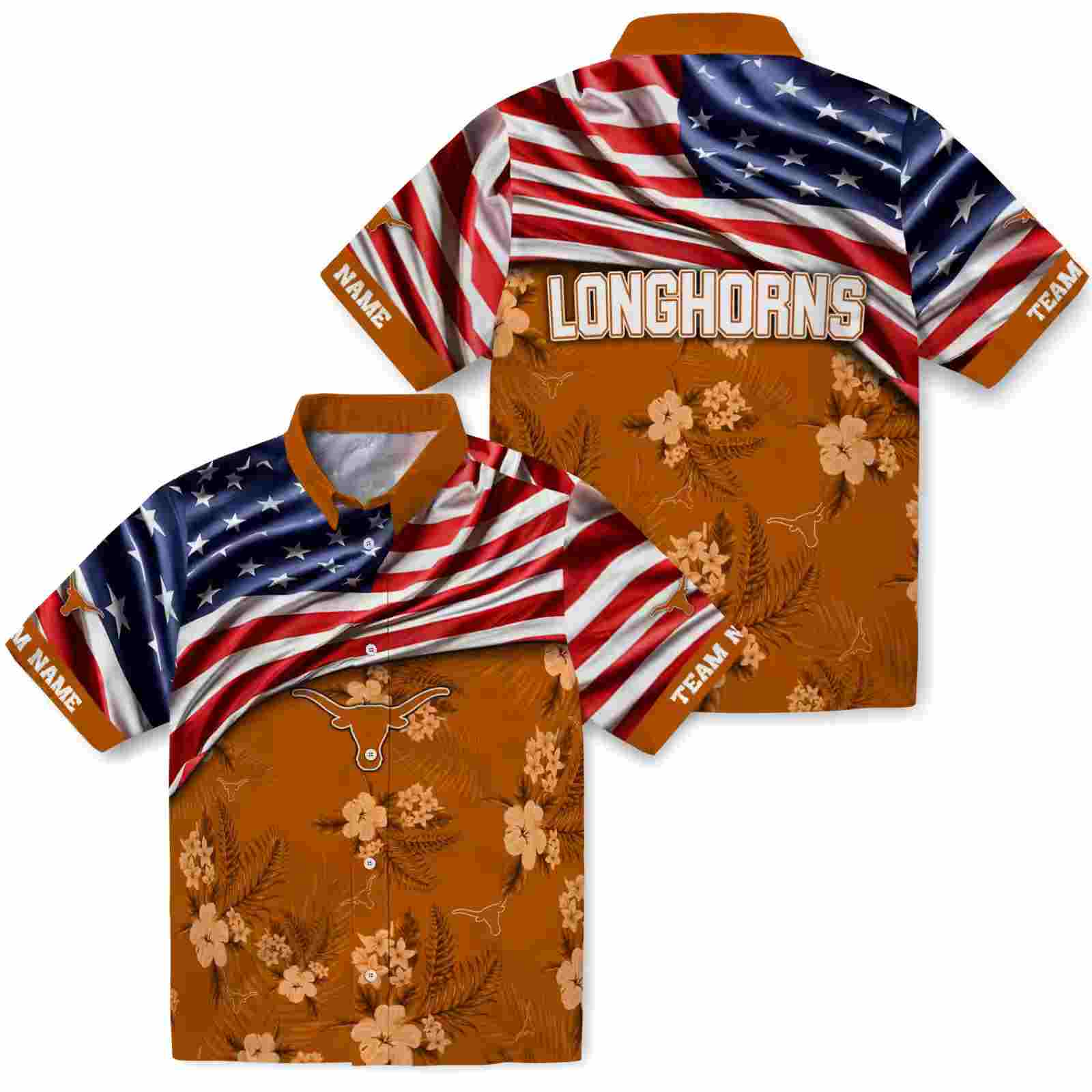 customized texas longhorns us flag hibiscus orange hawaiian shirt high quality