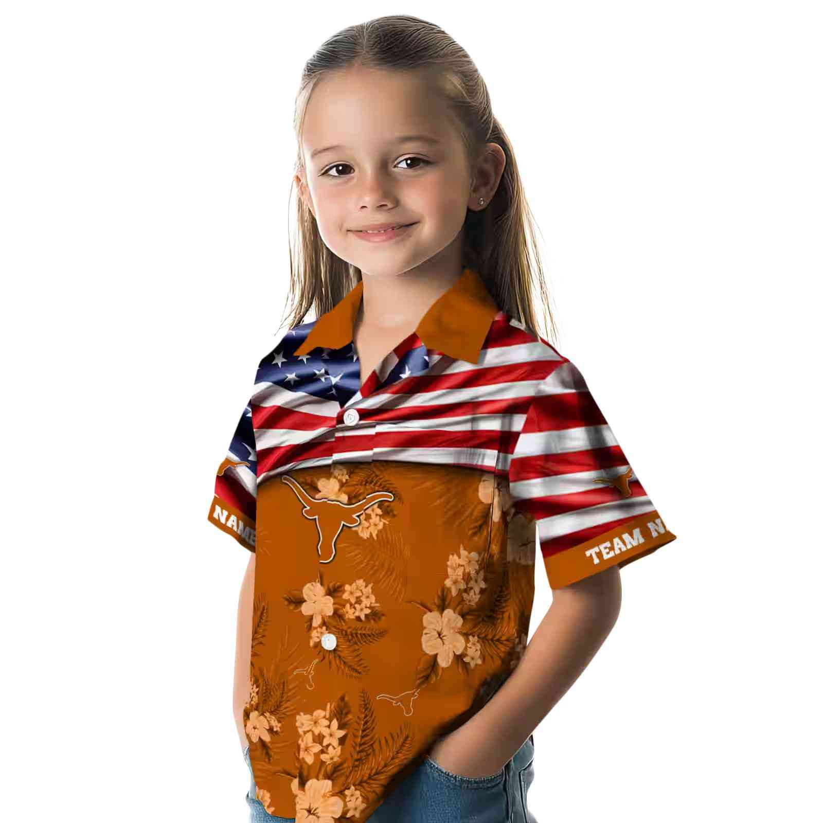 customized texas longhorns us flag hibiscus orange hawaiian shirt premium grade