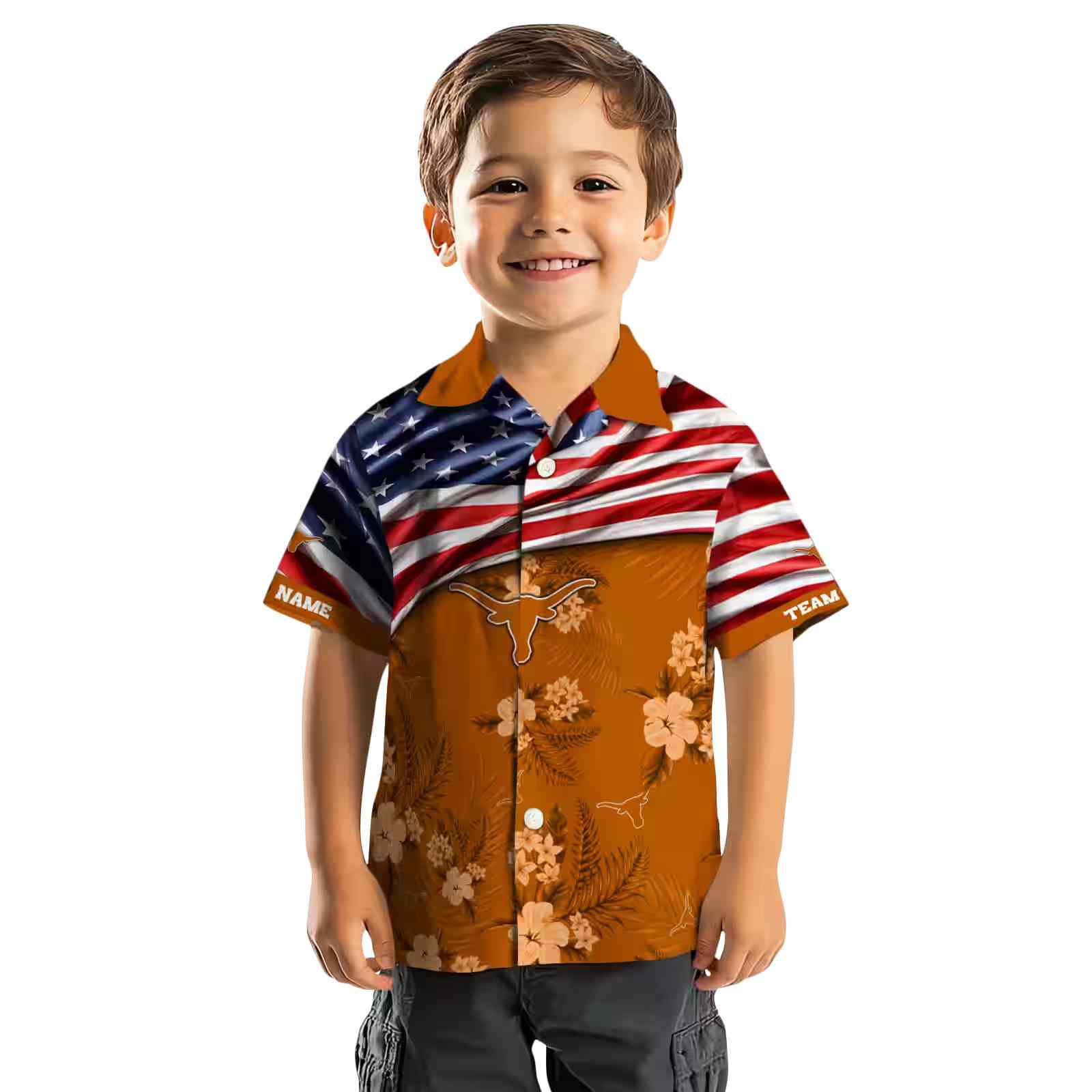 customized texas longhorns us flag hibiscus orange hawaiian shirt top rated