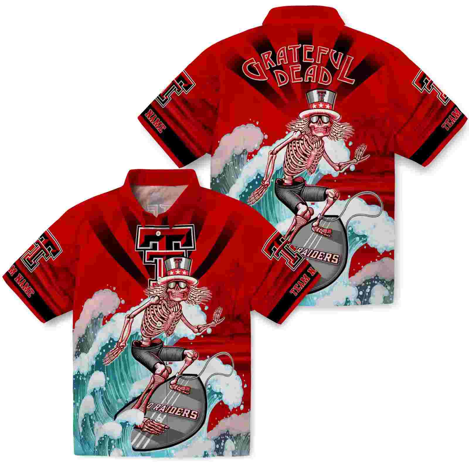 customized texas tech red raiders surfing skeleton red blue hawaiian shirt high quality