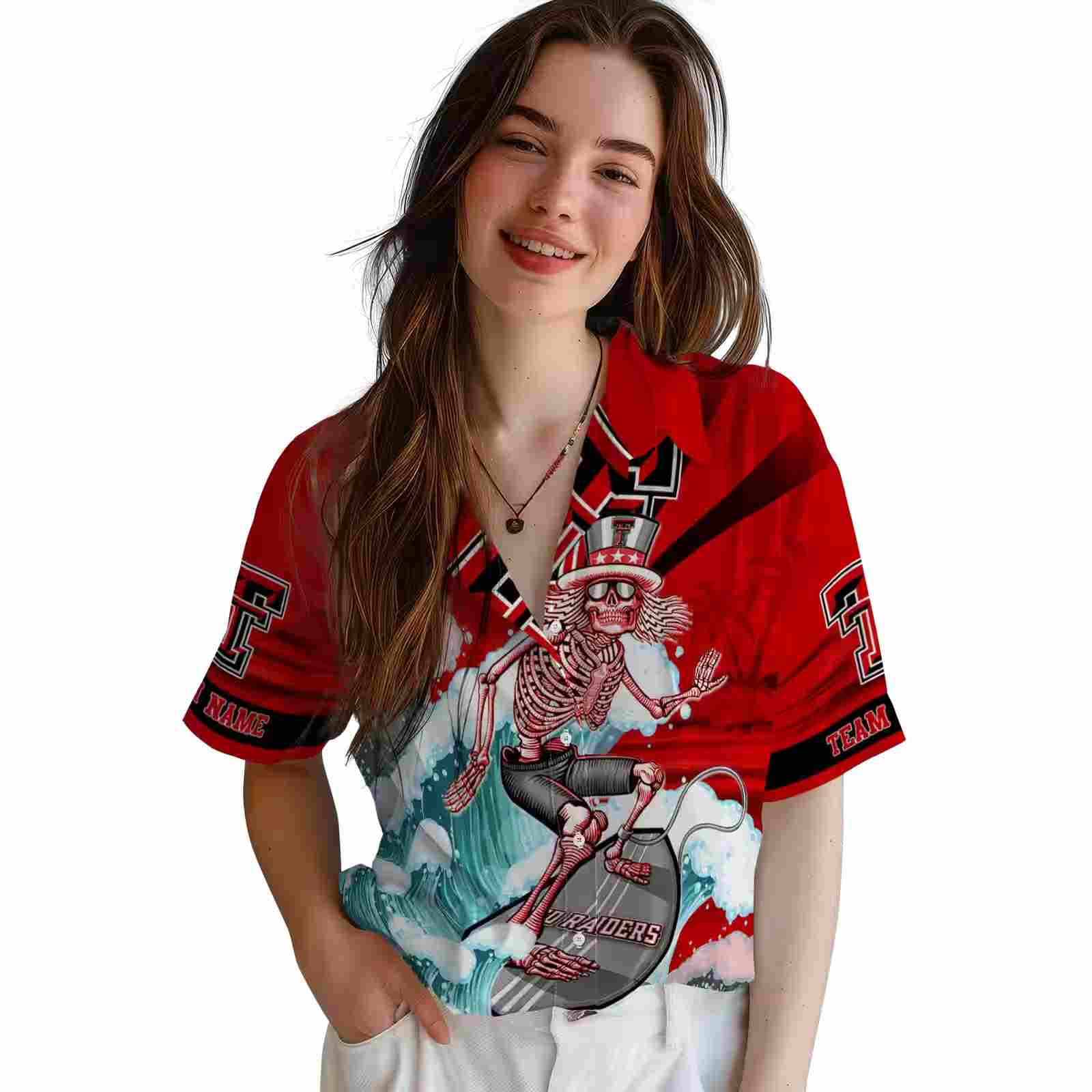 customized texas tech red raiders surfing skeleton red blue hawaiian shirt latest model