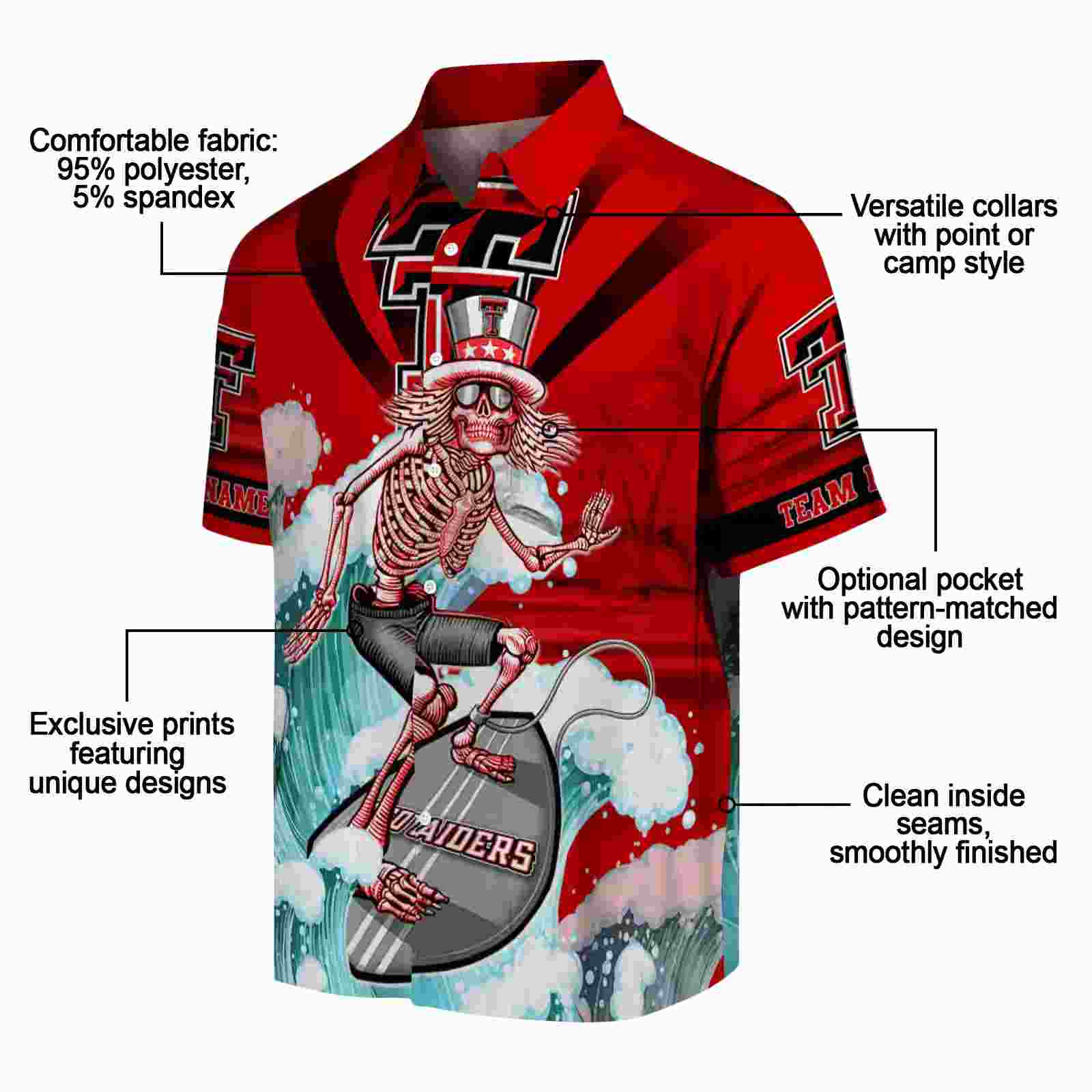 customized texas tech red raiders surfing skeleton red blue hawaiian shirt new arrival